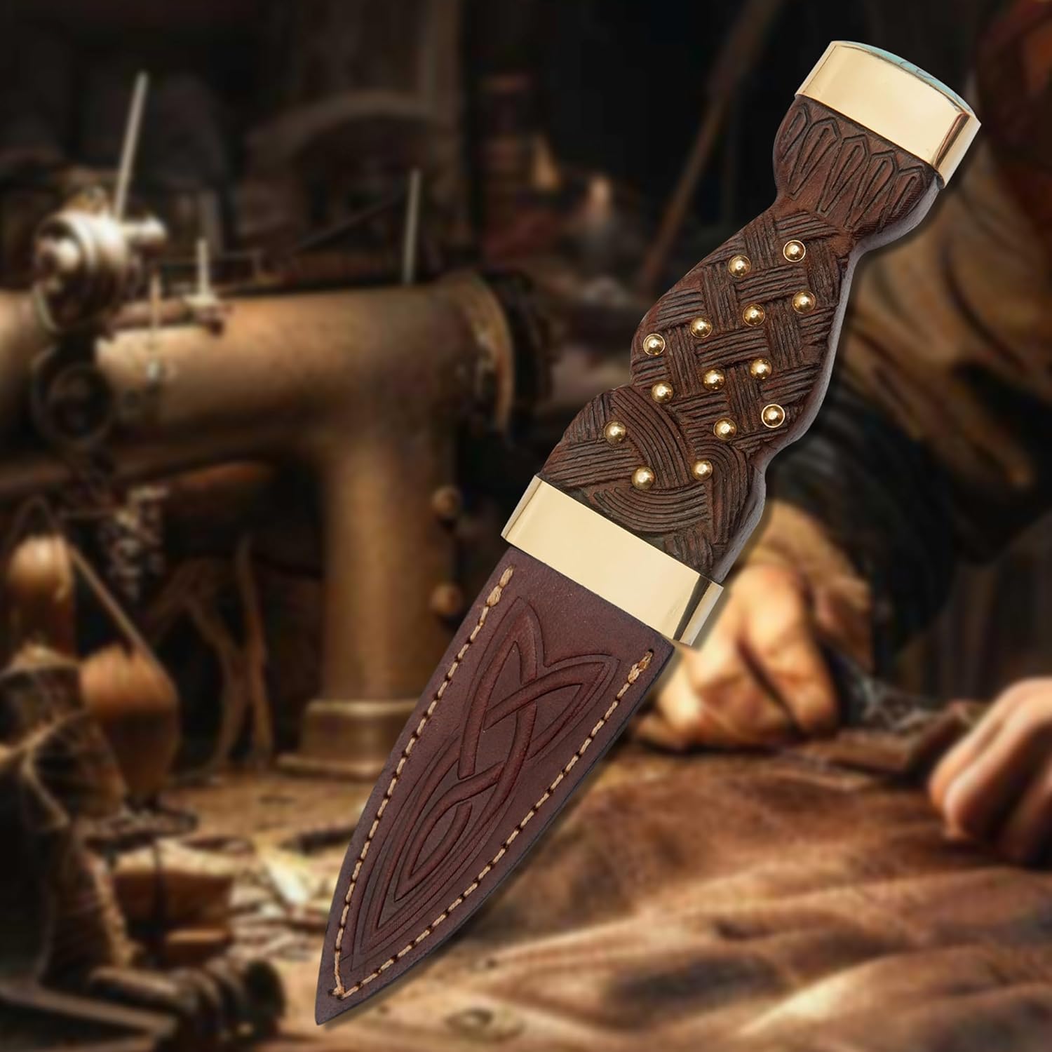 SGIAN DUBH Knife Handmade Damascus Steel Blade Scottish Dirk Custom Handmade Wenge Wood, turquoise and Brass Handle with Leather Sheath (Engraved Wood)