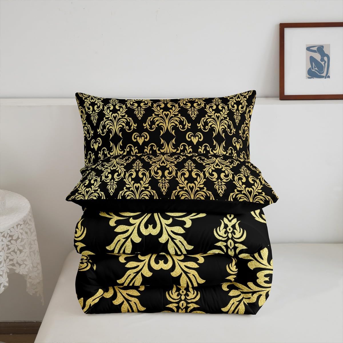 Feelyou Jacquard Bedding Set Full Size Floral Comforter Set for Adult Boys & Girls,Boho Damask Duvet Set,Black & Gold Quilt Set,3Pcs