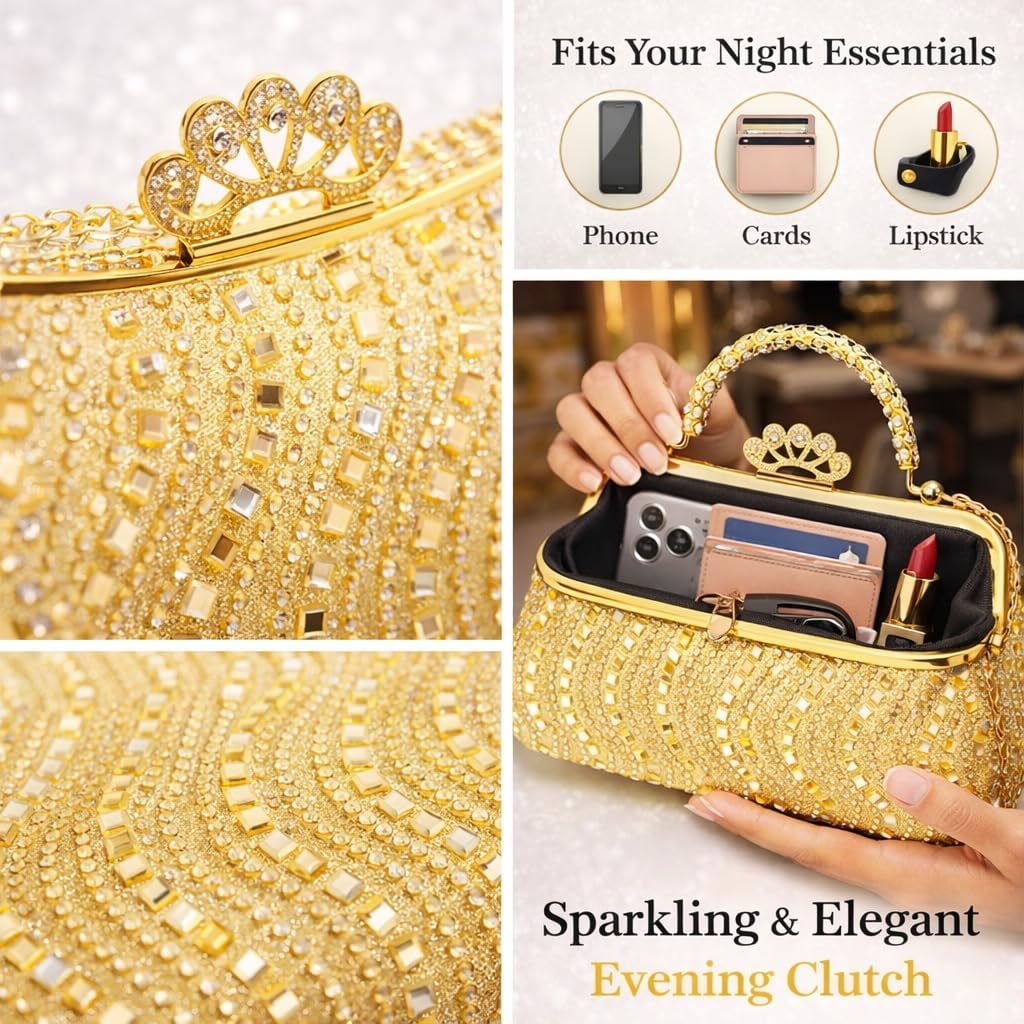 Luxury Crystal Rhinestone Evening Clutch for Women, Gold Wedding Party Purse with Handle, Elegant Formal Prom Cocktail Handbag for Brides & Special Occasions（Gold）