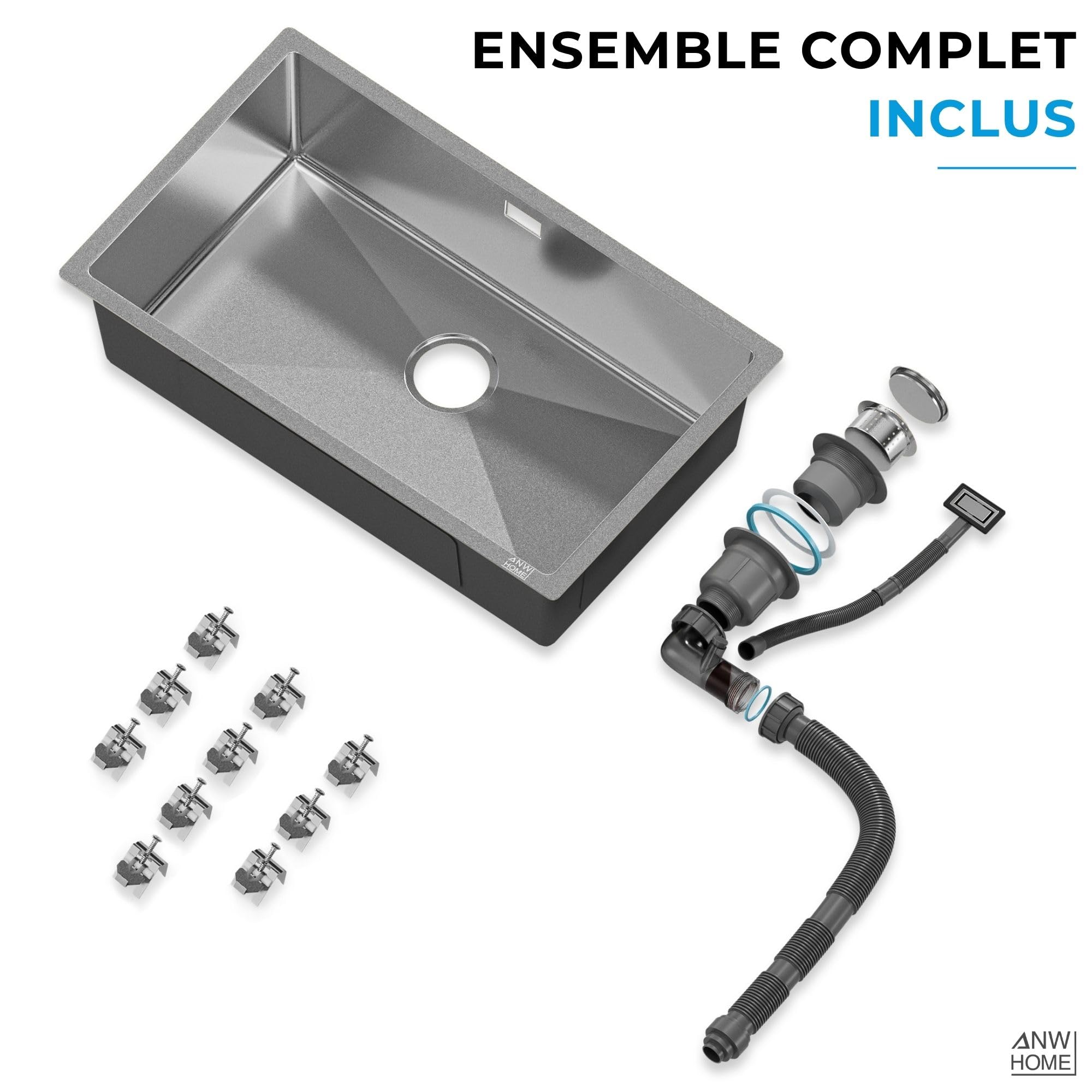 ANW HOME Evier Cuisine 1 Bac 74x44 cm, Inox | Encastré/Sous Plan, Revêtement Nano, Épaisseur 3.0+1 mm, Profondeur 22 cm, Avec Siphon