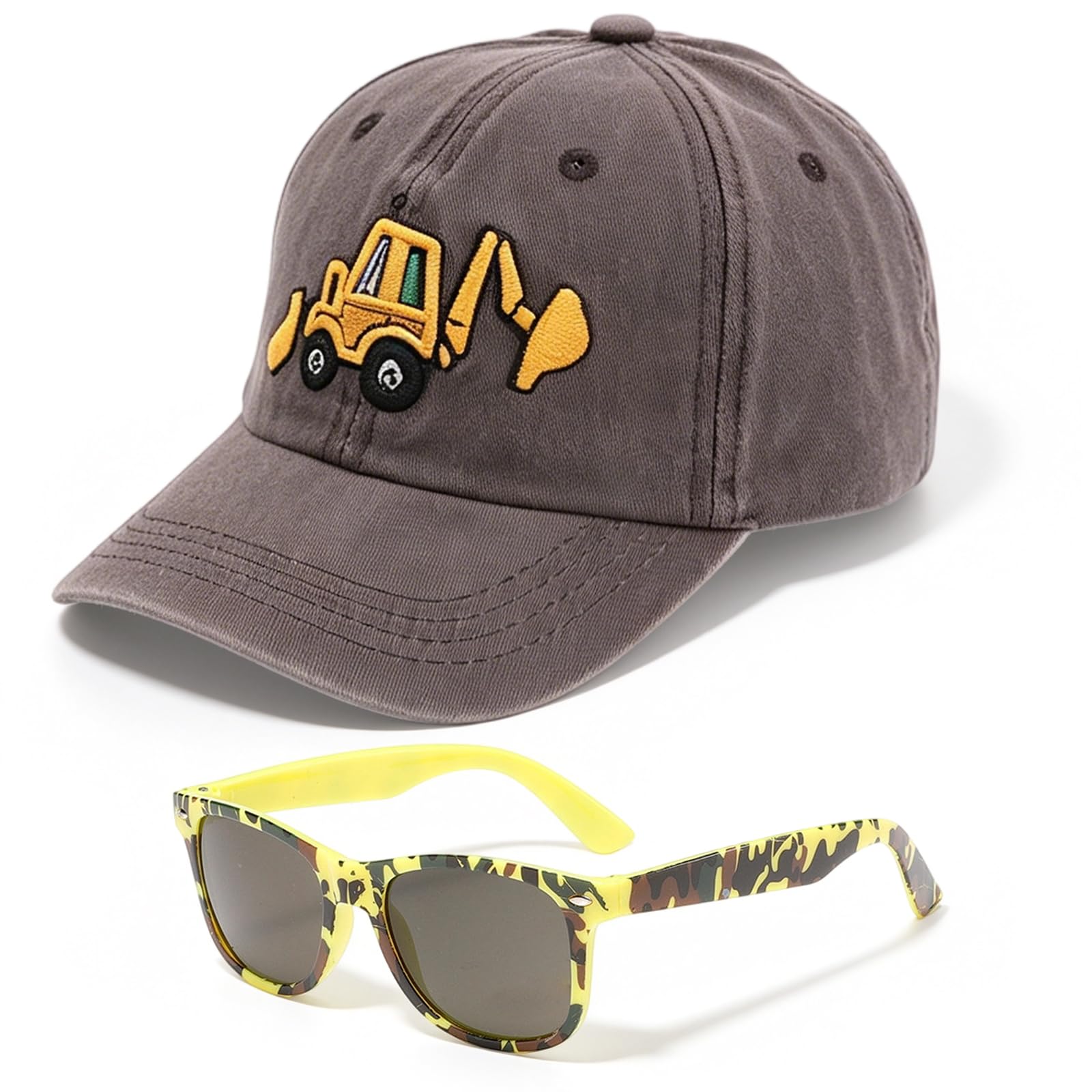 Excavator Baseball Cap and Sunglasses Set, Adjustable Corduroy Kids Sun Hat with Unique Construction Digger Sunglasses, Summer Outdoor Sun Protection for Boys Girls Age 2-8 Years White (brown)