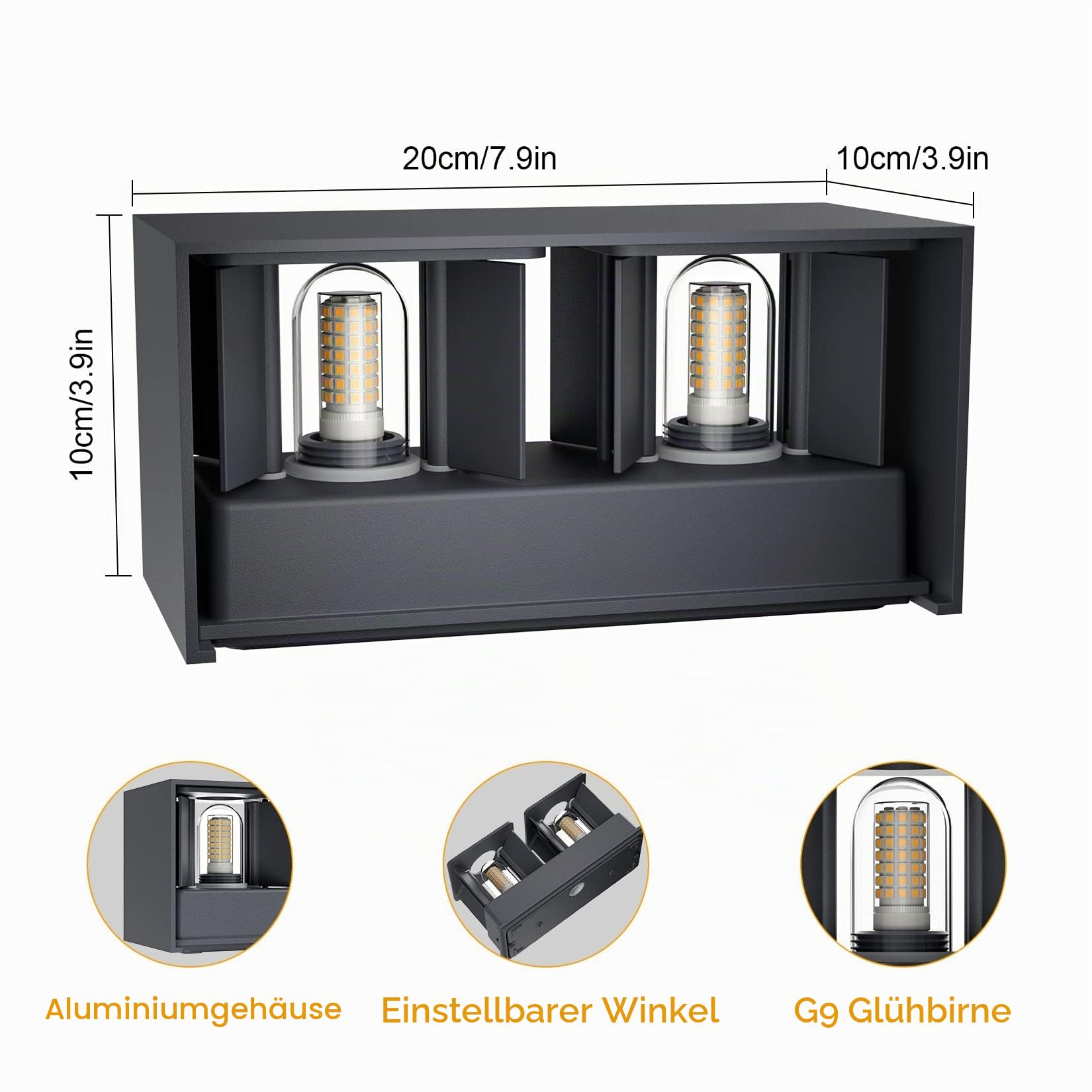 Klighten Aussenlampe mit Austauschbarer G9 LED Lampe Warmweiß 3000K, 18W LED Wandleuchte Innen/Aussen Einstellbar Abstrahlwinkel Außenwandleuchten für Wohnzimmer Garten, IP54, Anthrazit