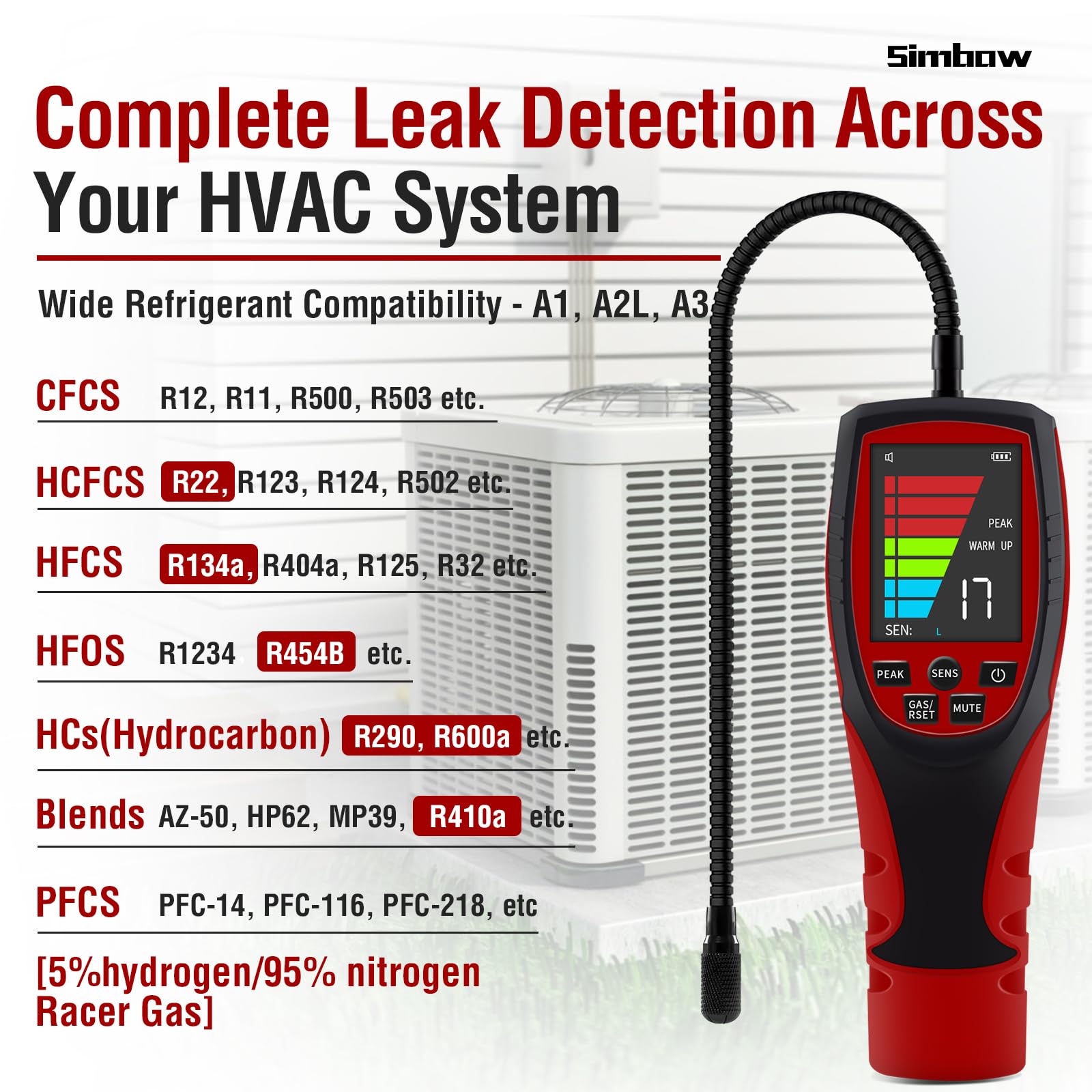 Detector de fugas de refrigerante, Simbow ALD-200PRO, detector de fugas de freón profesional 3 en 1 A2L con sensibilidad de 4 g/año, detector de fugas de diodo calentado para batería R32 R454B R290