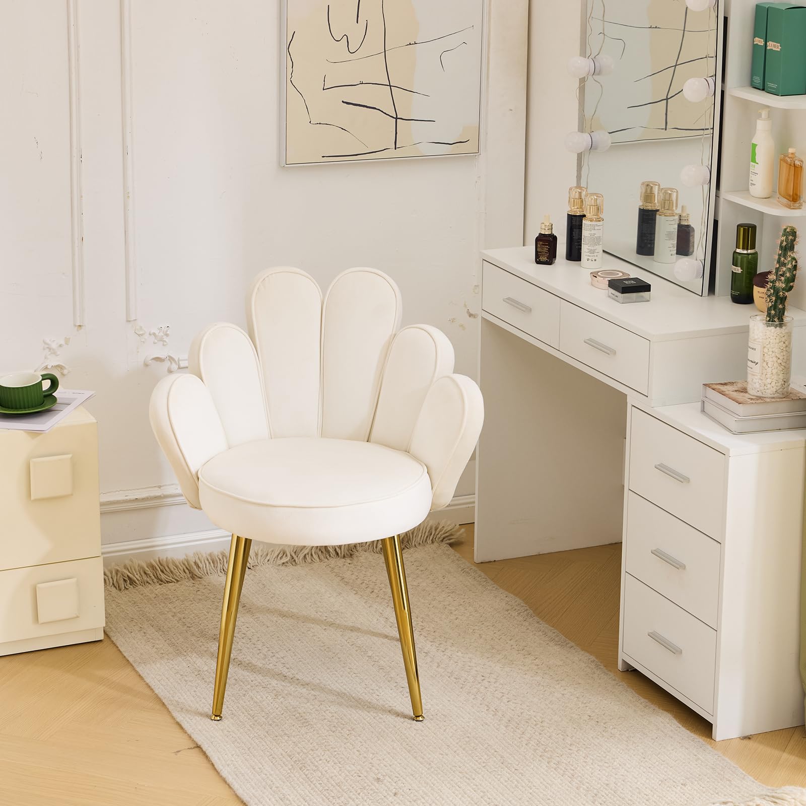 Fauteuil Salon, Chaise Coiffeuse, Dossier en Forme de Pétale, Fauteuil Chambre avec Coussin, Pieds en Métal (Blanc)