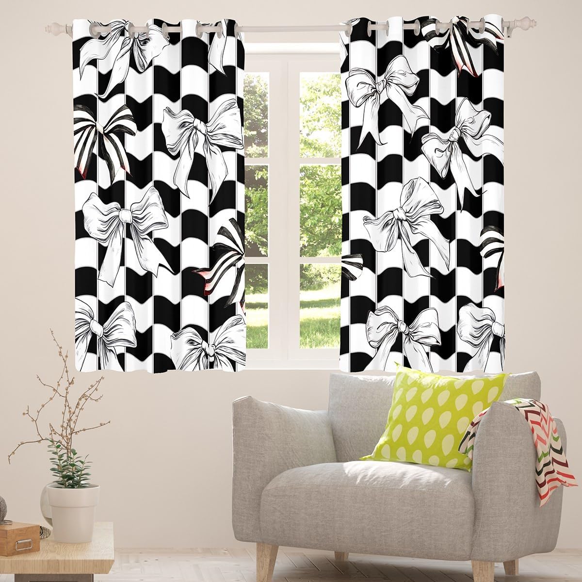 Erosebridal Stripes Bow 42" Wx90 L Blackout Curtains,Black White Checkered Window Treatments Drapes for Bedroom Living Room Cute Plaid Bowknot Window Curtains 2 Panels for Kids Girls Teen