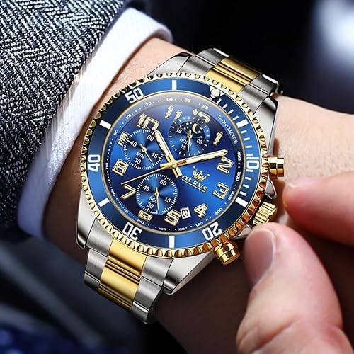 Miniatura 2 de OLEVS Relojes para hombre de lujo con cronógrafo, elegantes, con fases lunares, de dos tonos, de acero inoxidable, impermeables, luminosos, con