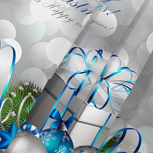 Miniatura 4 de DYNH Cortina de ducha navideña, feliz Navidad, bola y caja de Navidad plateada y azul para cortinas de baño de Año Nuevo, cortina de ducha de tela,