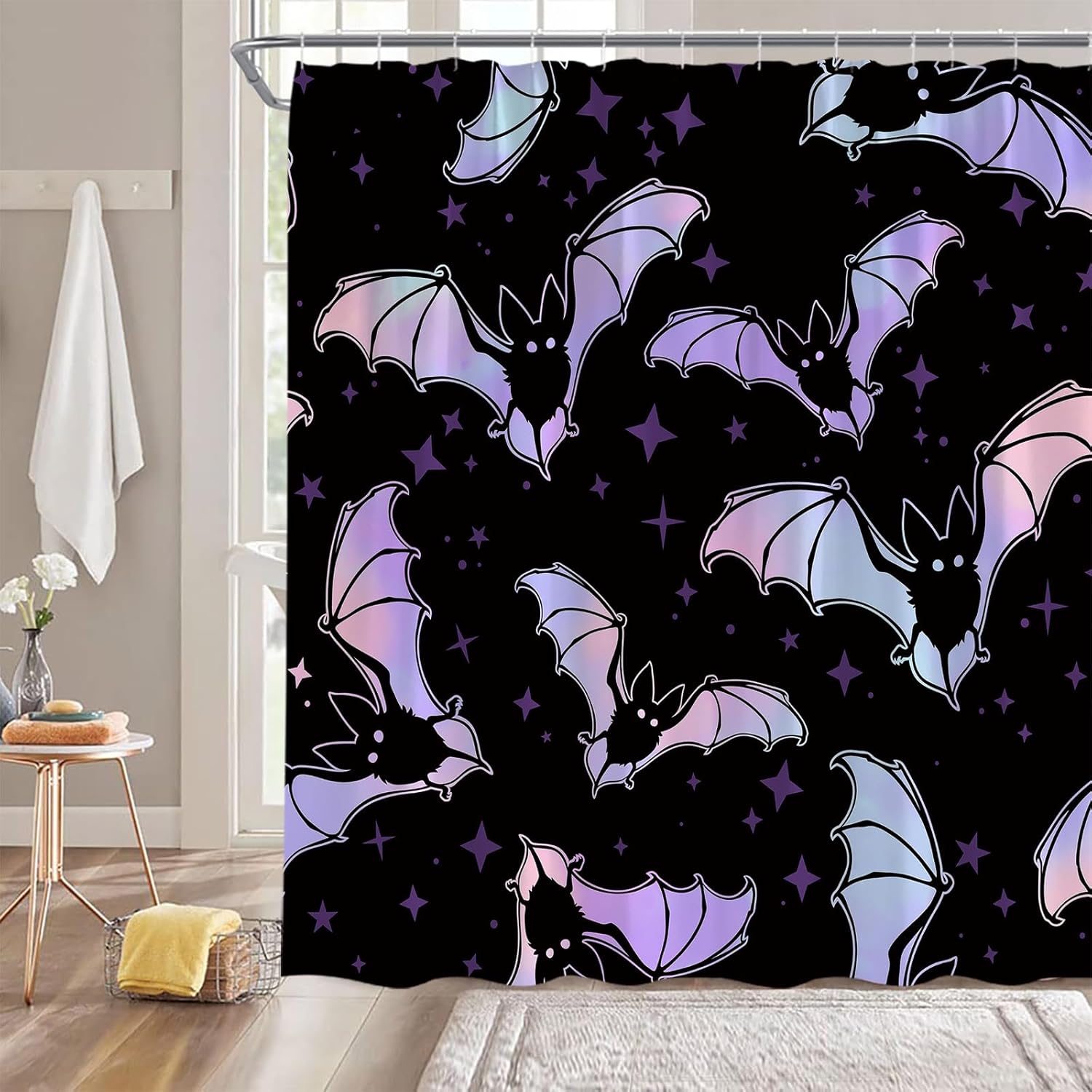 Halloween Bat Shower Curtain Neon Gothic Horror Colorful Fantasy Party Fabric Bathroom Decor Sets with Hooks,71W x96H