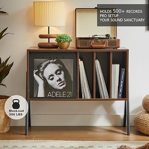 Miniatura 7 de Soporte para tocadiscos con gabinete de almacenamiento de vinilo, mesa consola giratoria moderna de mediados de siglo de 40 pulgadas para exhibición