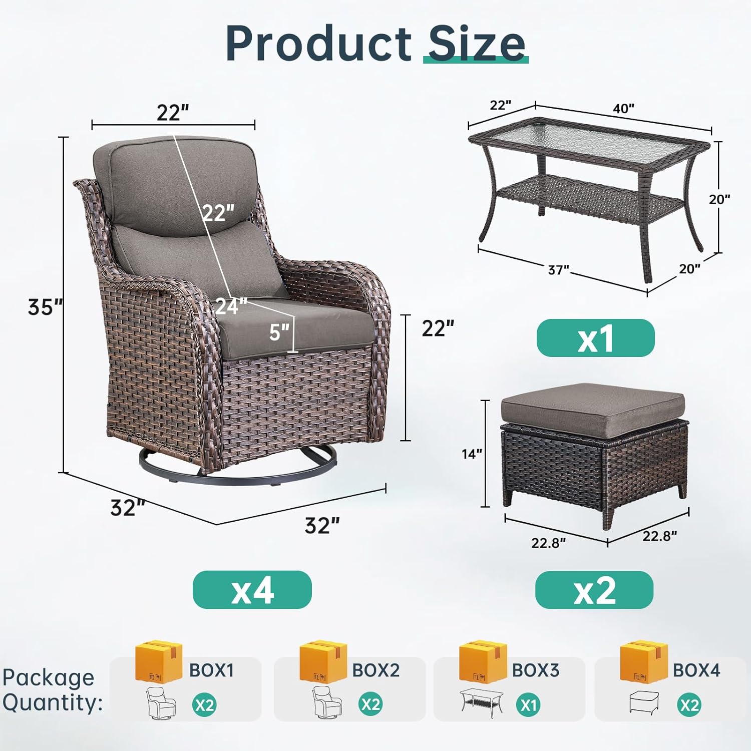Outdoor Swivel Rocker Patio Chairs Set of 4 with Coffee Table - 5" Thick Cushion 7 Piece Furniture Set All Weather Comfortable Wicker Conversation Set for Porch Deck - Brown/Gray