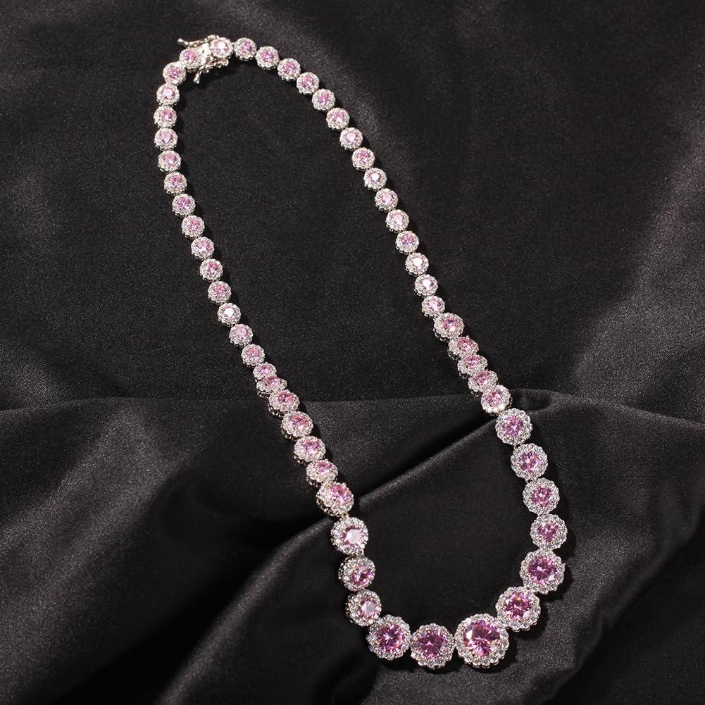 Solid Gold over S925 Sterling Silver Round Pink Moissanite Necklace, Single-Row Chain, Gift for Women and Lady