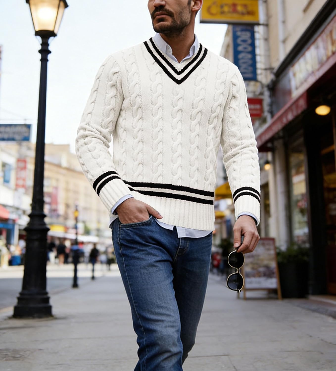 chouyatou Men's Casual V Neck Contrast Stripes Cable Knit Pullover Sweater Tops