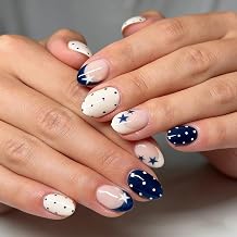 24Pcs Blue White Polka Dot Press on Nails Short Almond Reusable French Tip Acrylic Fake Nails Cute Five-Pointed Star Dots False Nails for Women Daily Holiday Nail Decor Accessories