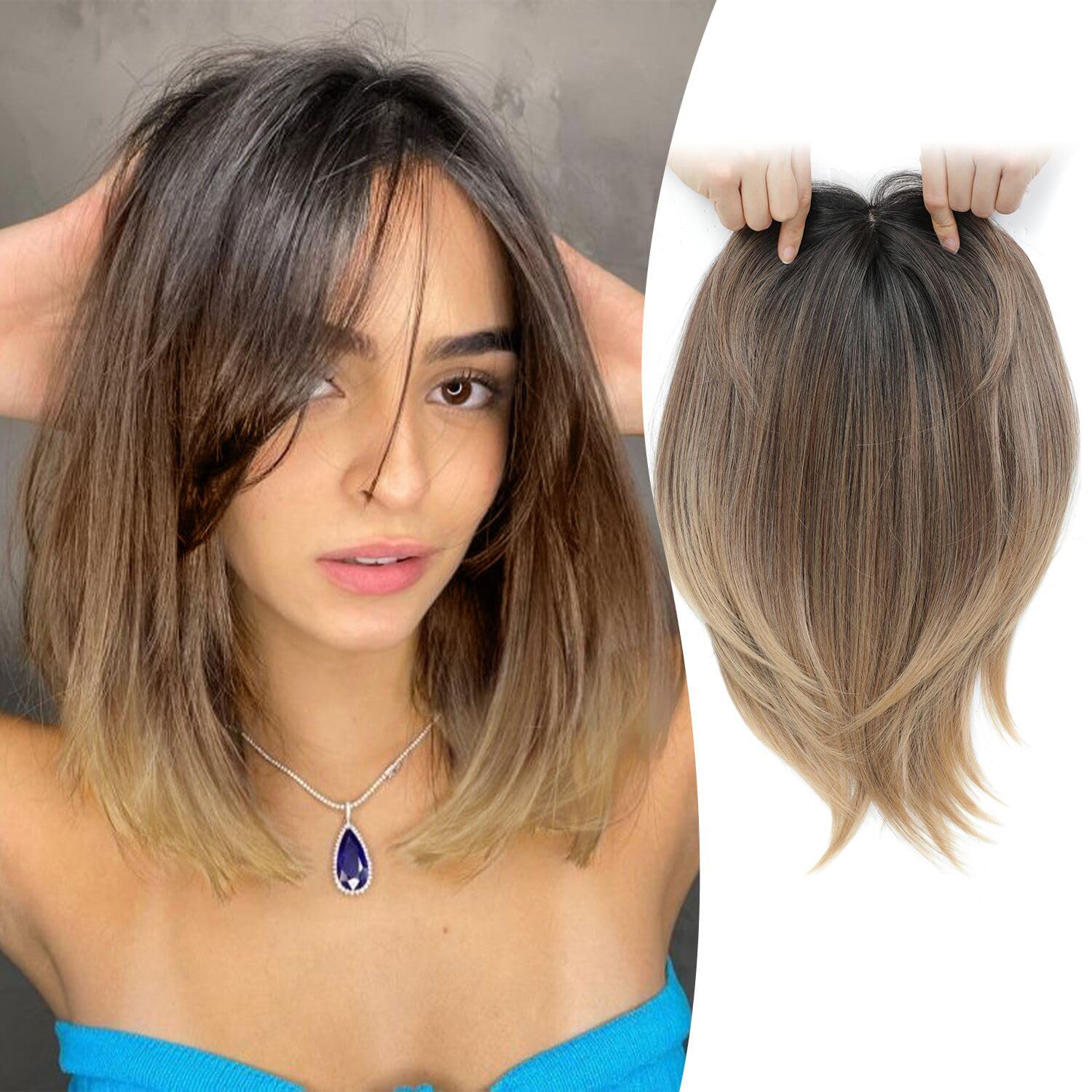 Ms Taj 12 Inch Synthetic Hair Toppers for Women with Thinning Hair, 6.5″x6.5″ Large Base Topper with Bangs, Realistic Fiber Wiglets Ladies Hair Pieces for Daily Use