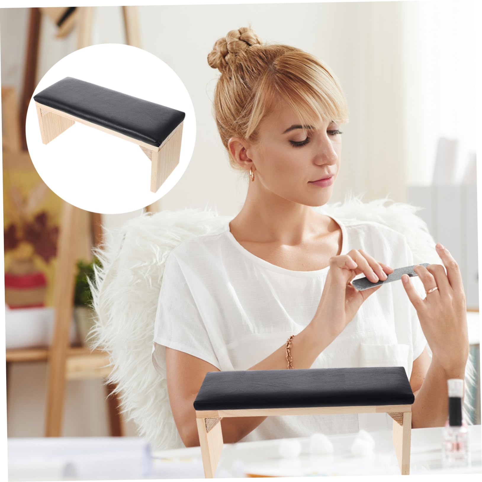 Cuscino Poggiamani per Manicure in Legno e Cuoio Nero