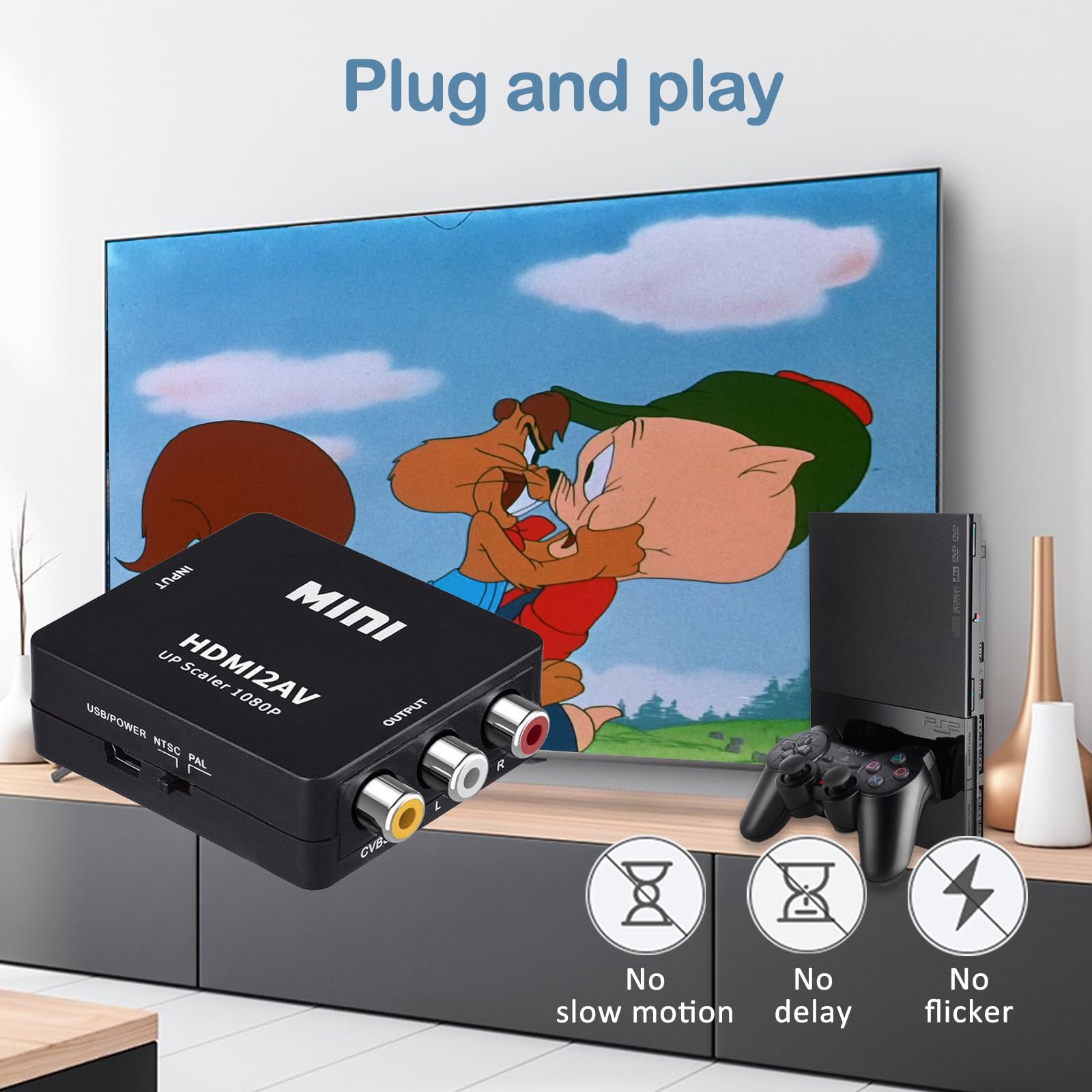 Wonlyus Convertidor HDMI a RCA con cable RCA y HDMI, 1080P HDMI a AV 3RCA CVBs compuesto de vídeo adaptador de audio rAdapter compatible con PAL/NTSC para TV Stick, Apple TV, PC, portátil, Xbox, DVD