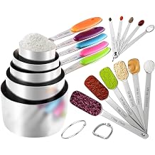 16 Pieces Measuring Cups & Spoons Set, YUNNKEEY Stainless Steel 5 Measuring Cups with Colored Silicone Handle, 6 Stackable Measuring Spoons & 5 Mini Spoons, Ideal for Dry and Liquid Ingredients