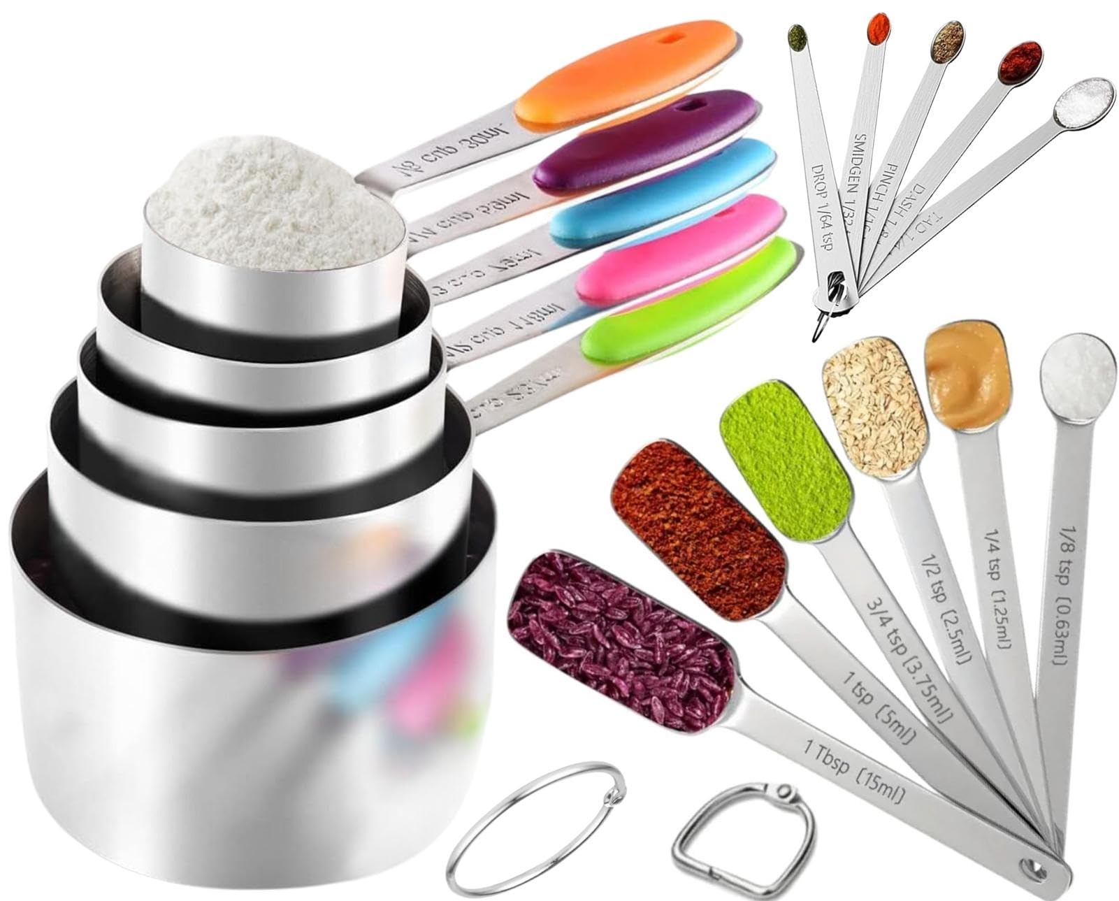 16 Pieces Measuring Cups & Spoons Set, 5 Stainless Steel Measuring Cups with Colored Silicone Handle, 6 Stackable Measuring Spoons & 5 Mini Spoons, Ideal for Dry and Liquid Ingredients