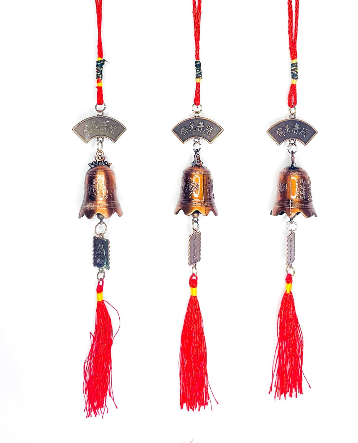 Feng Shui Lucky Bell Hanging Ornament with Red Tassel – Bronze Metal Wind Chime for Positive Energy, Good Luck, and Protection – Home Decor, Office Decor, Car Decor, Wall Decor Set of 3 (23 × 5 CM)