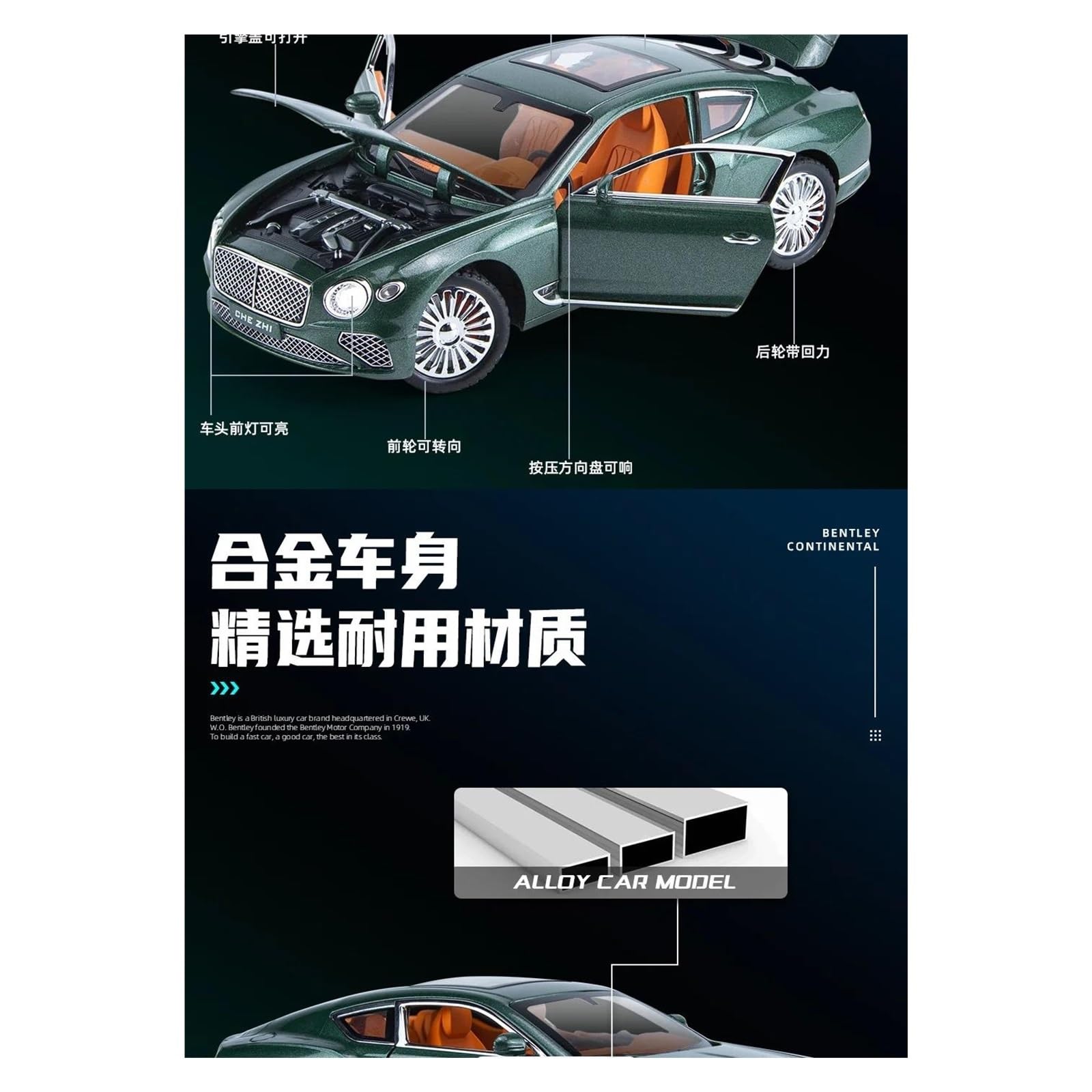 Copie Fidèle 1/24 Bentley Continental GT – Maquette En Métal Moulé Sous Pression, Portes Et Capot Ouvrants, Jouet De Collection