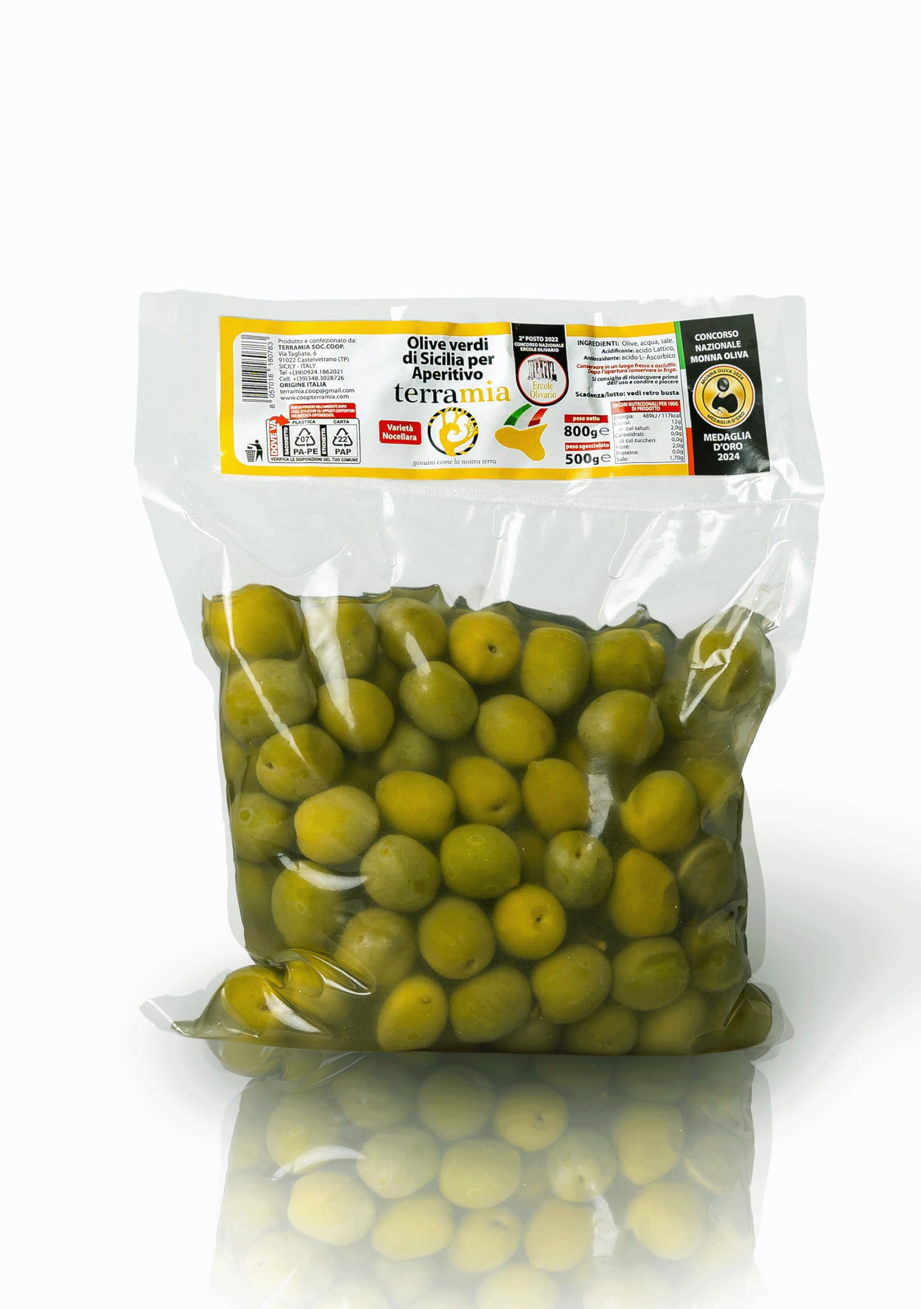 Terramia Olive Verdi Dolci di Sicilia "Nocellara" in Salamoia – Prodotto Artigianale da Azienda Premiata Ercole Olivario e Monna Oliva, Formato Scorta 2kg (4 Buste x 500g)