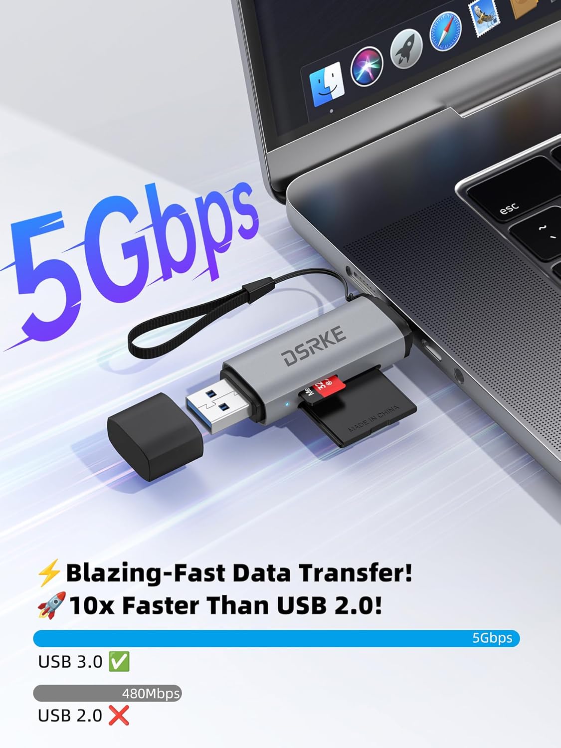 Graphic illustrating 5Gbps data transfer speed of DSRKE card reader compared to USB 2.0