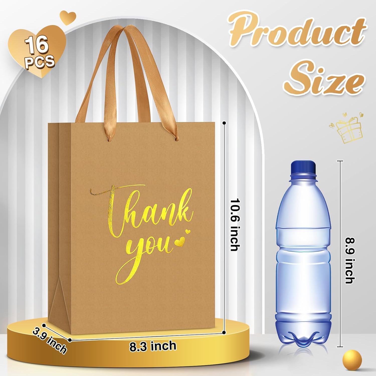 Kolldenn 16 Pcs Thank You Gift Bags with Handle Wrap Bags Bulk Totes for Birthdays Business Wedding Baby Shower Party Favors (10.63 x 8.27 x 3.94 Inches, Kraft) - Image 3