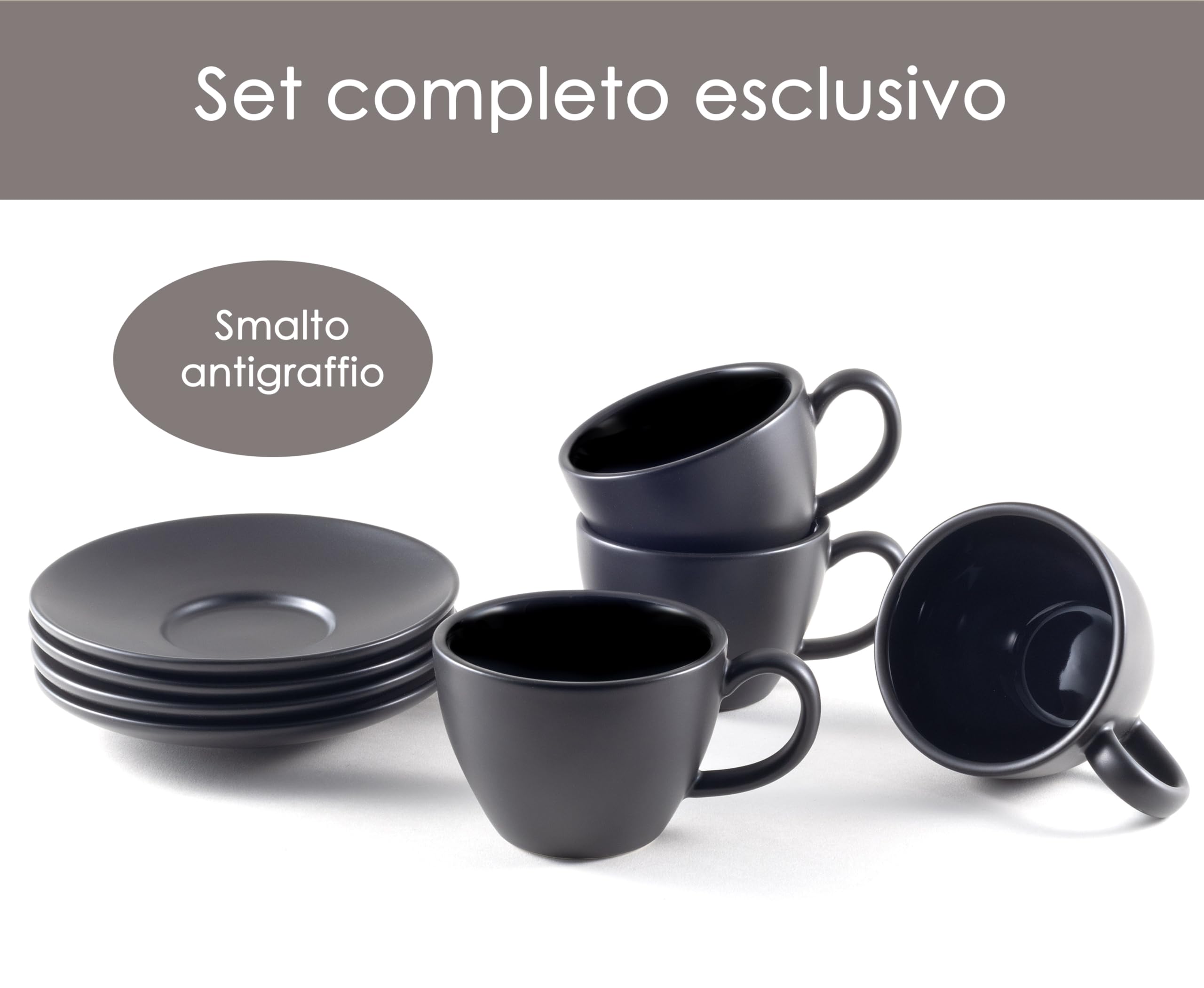 Hanseküche 4 tazze da cappuccino in gres (4x 180 ml) – tazze da caffè con pareti spesse e con piattini, lavabili in lavastoviglie (Nero)