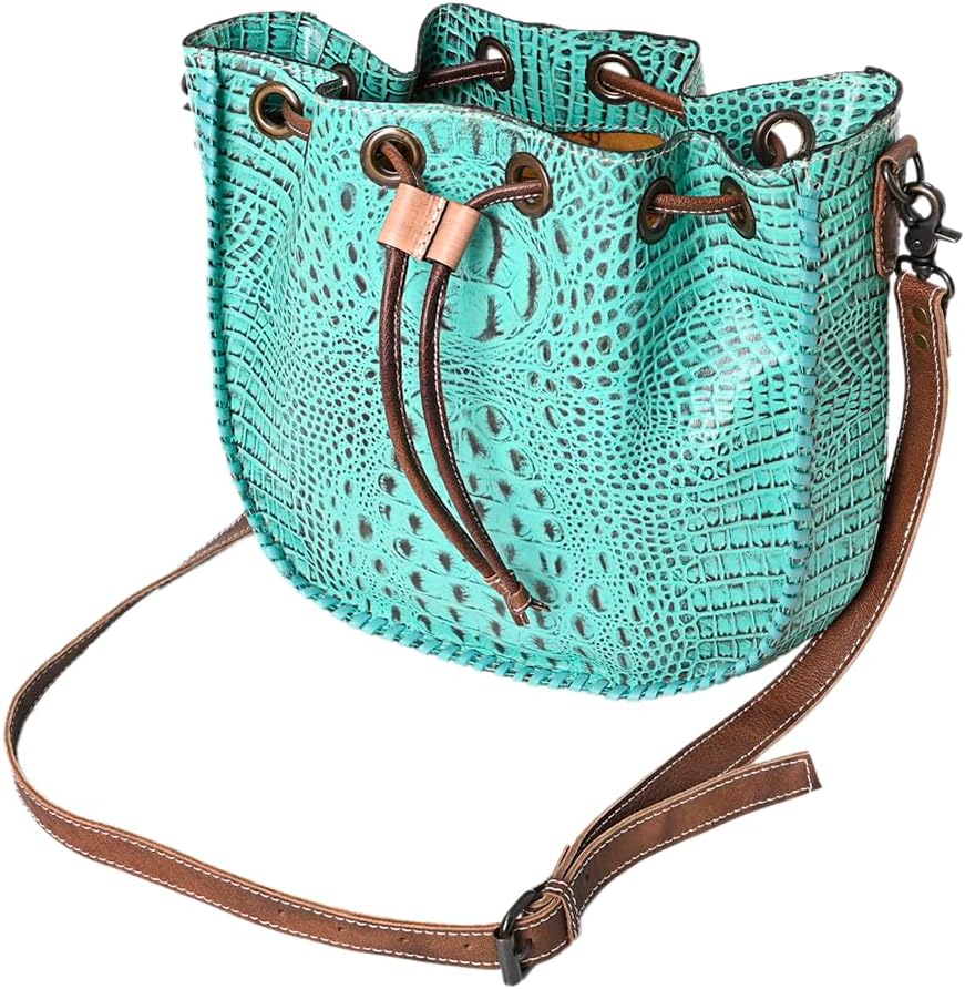 American Darling Western Bucket Bag, Crocodile Embossed Full Grain Genuine Leather, Eco-Friendly Drawstring Purse