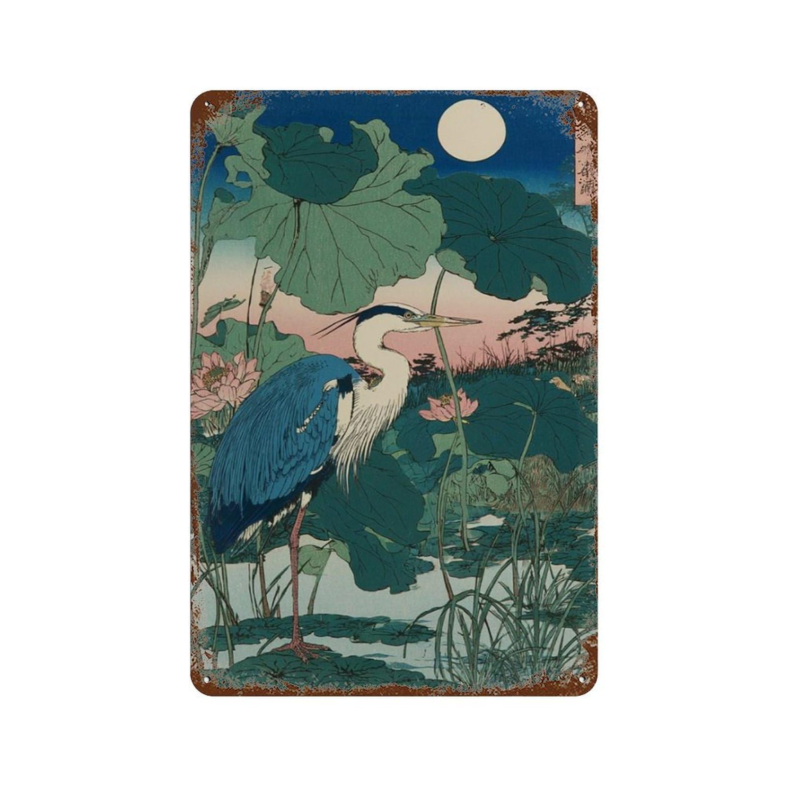 xiaoxiaoshen Japanese Heron Bird Moonlit Lotus Nature Elegant Asian Woodblock Style Wall Decor Art Metal Tin Poster Modern Home Decor Art Home Bar Shop Decorations Vintage Sign 30x20cm