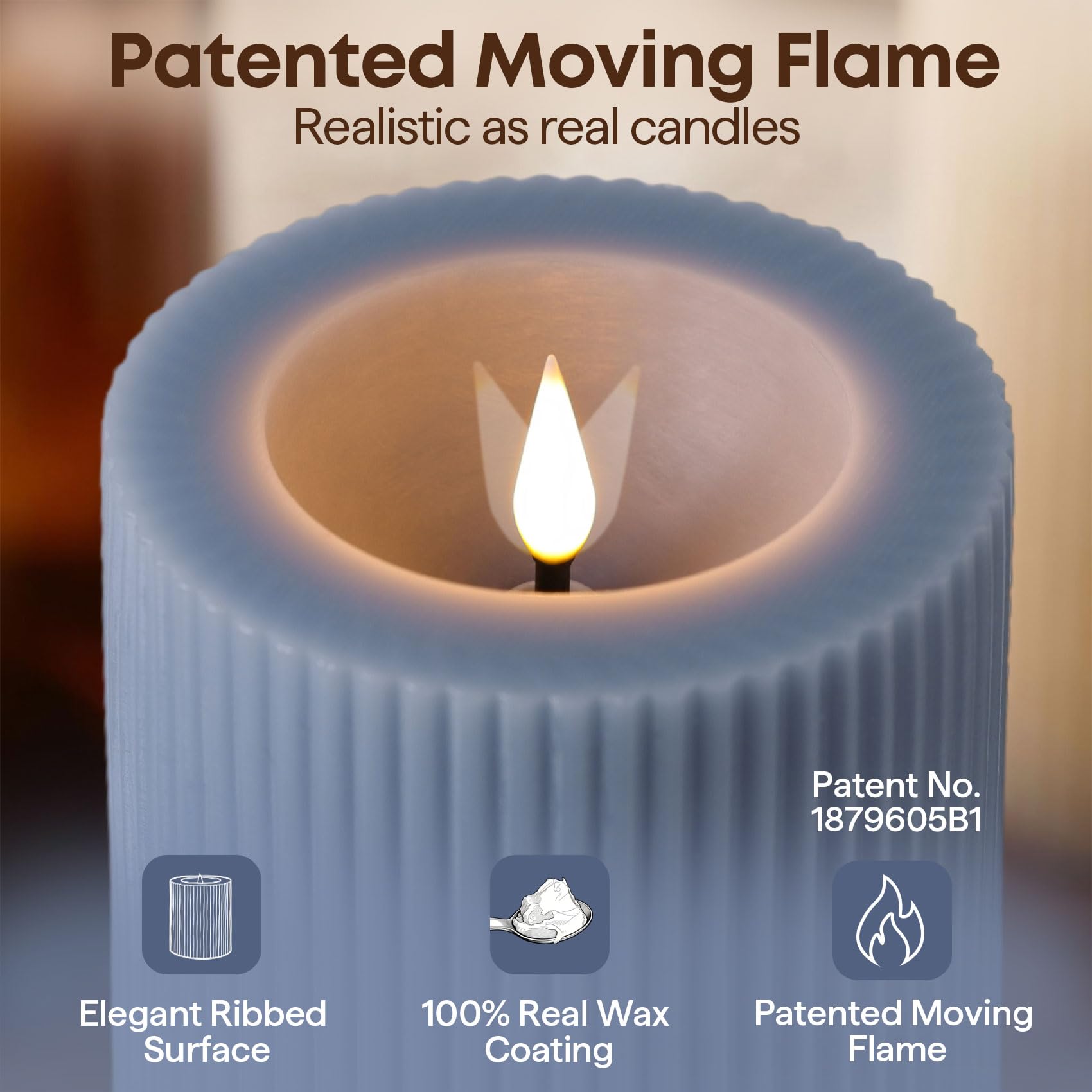 Candele a pilastro senza fiamma a coste blu polveroso con telecomando, fiamma tremolante in movimento, candele a LED di cera a batteria, decorazione per la casa, set di 2