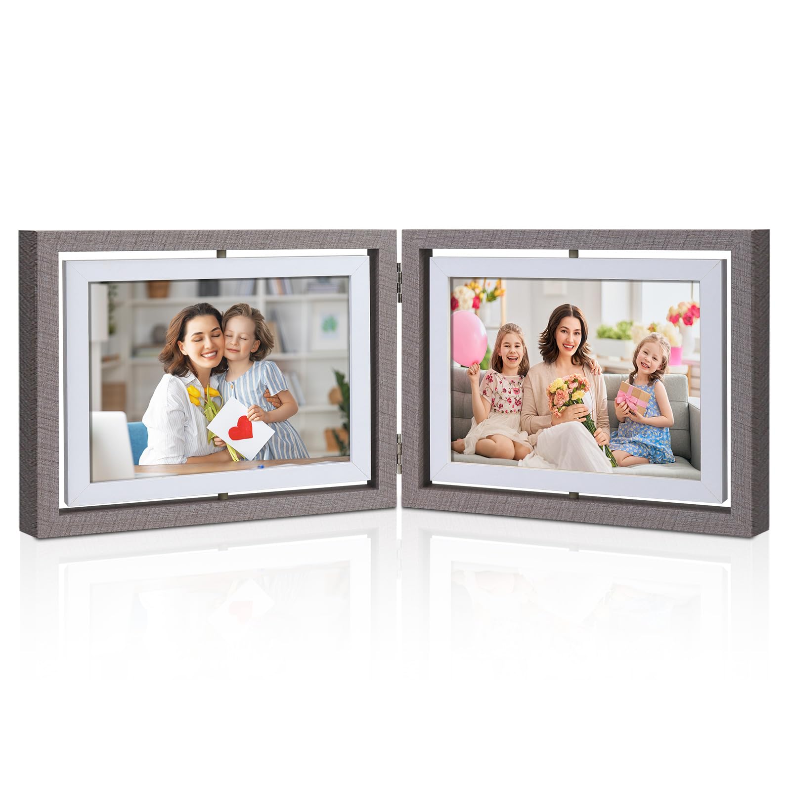 ZEEYUAN Rotating Photo Frame 7X5 Double Photo Frame Horizontal 360° Spinning Wooden Tabletop Display