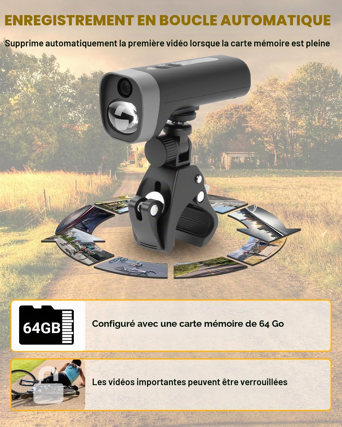 1080P HD Caméra Moto Embarquée Caméra Velo Guidon Camera Velo Route WiFi avec Support d'angle Réglable Grand Angle 140° avec Lumiére Carte 64GB et 2600mAh Batterie Rechargeable