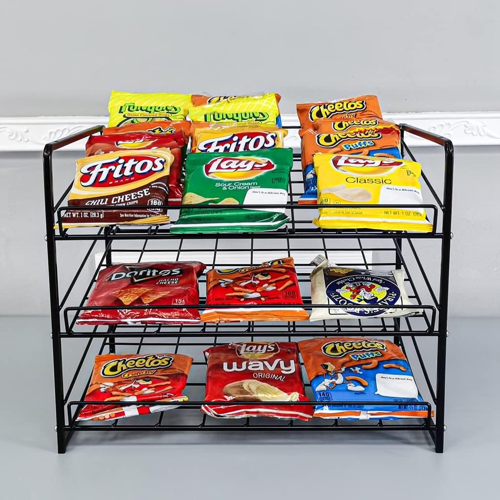 FixtureDisplays® Stackable Can Rack Organizer, Stackable Potato Chip Bag Storage Dispenser for Kitchen Cabinet or Pantry, Black 17.35" Wide x 12.8" Deep x 14" Tall 10145-2D