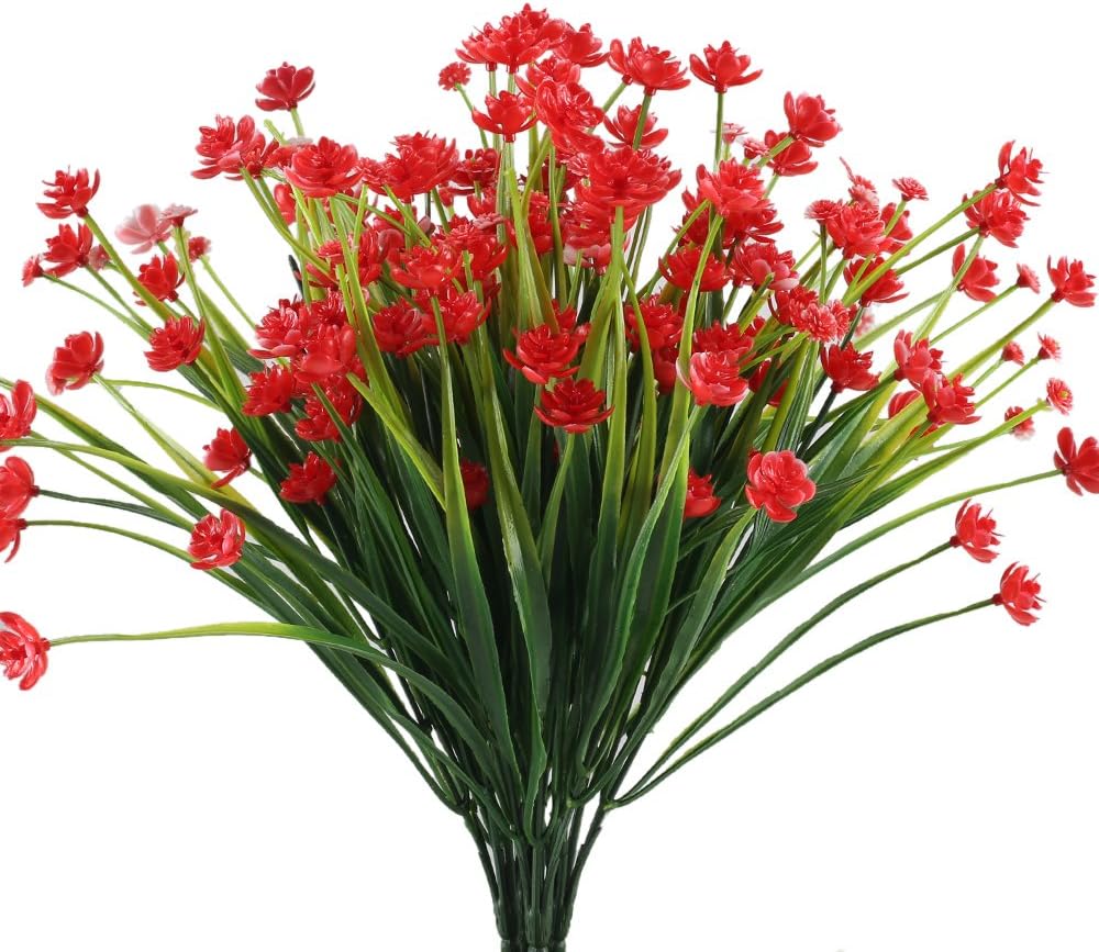 MIHOUNION Artificial Plants Outdoors Spring Flowers Centrepiece Plastic Flowers Fake Bushes Shrubs Greenery Plants for Vase Garden Living Room Pot Red 4pcs