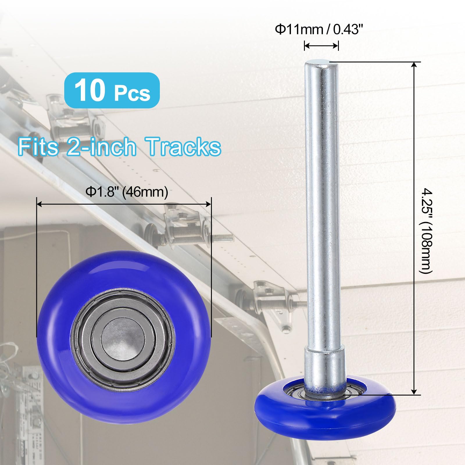 QUARKZMAN 10pz Rulli per Porte Garage in Nylon da 1.8" per Binario da 2" - Asta da 4.25" - Ruote Silenziose per Porte Garage - Cuscinetto di Precisione 6200zz a 8 Sfere - Blu