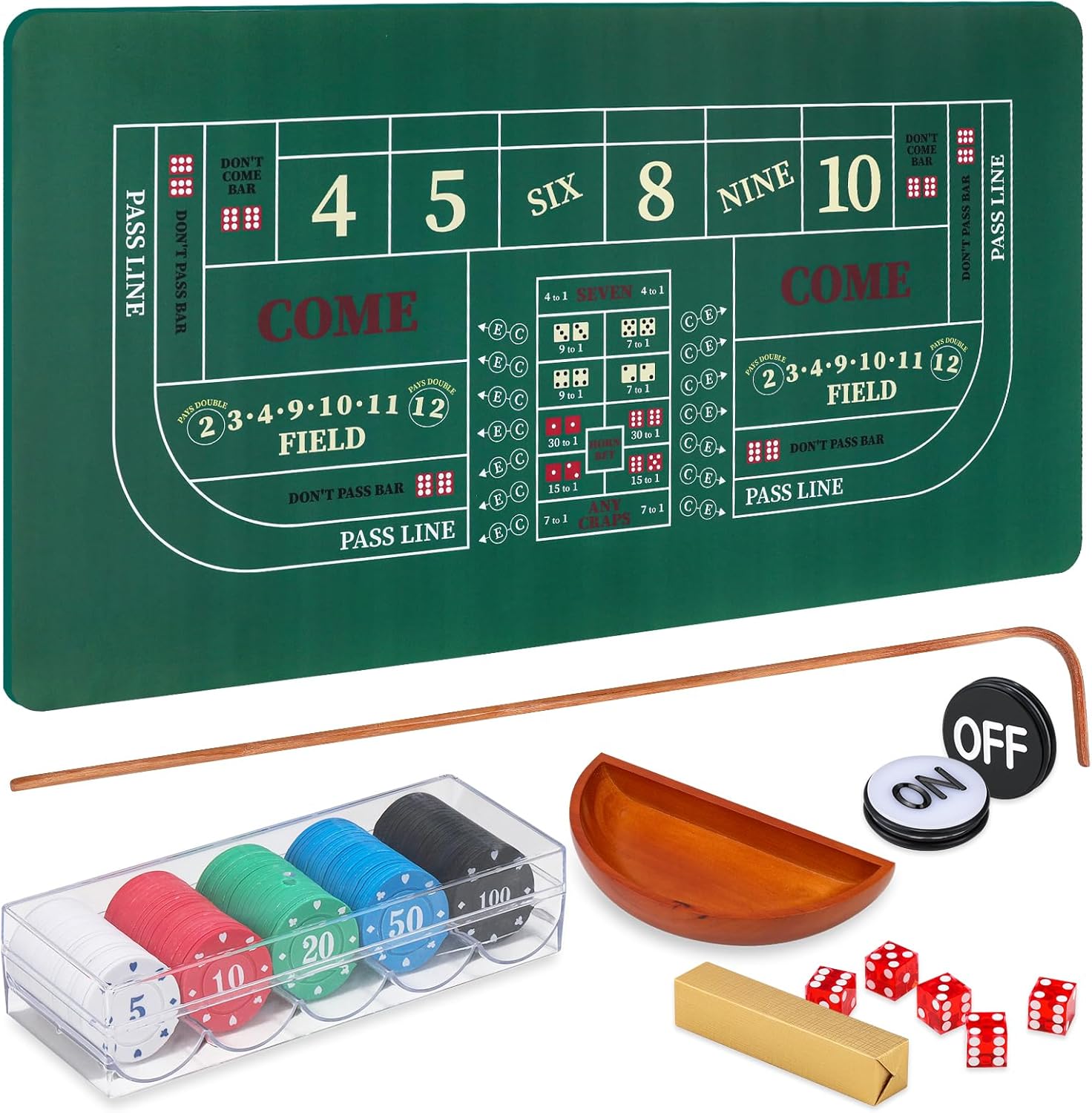 Craps Tabletop Game Set with 35 * 70" Rubber Craps Tabletop Layout Mat, 36" Rattan Stick, Casino Grade 19mm Dice, On/Off Button and 100 pcs Chips Craps Game Layout for Party