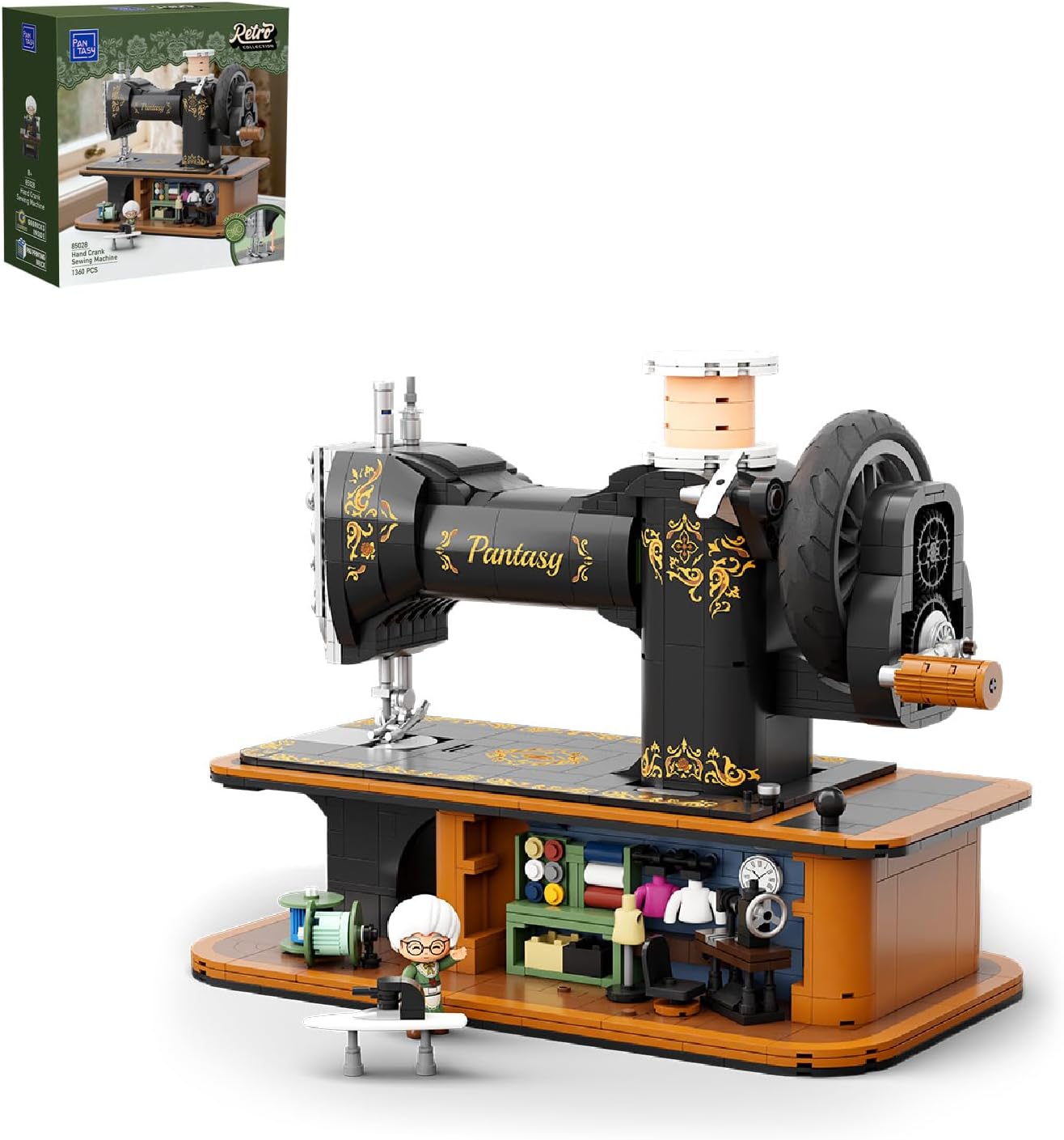 PANTASY Retro Hand Crank Sewing Machine Building Set - Vintage Brick Model with Moving Gears, Hidden Tailor Shop & Minifigure, Adult Collectible Decor