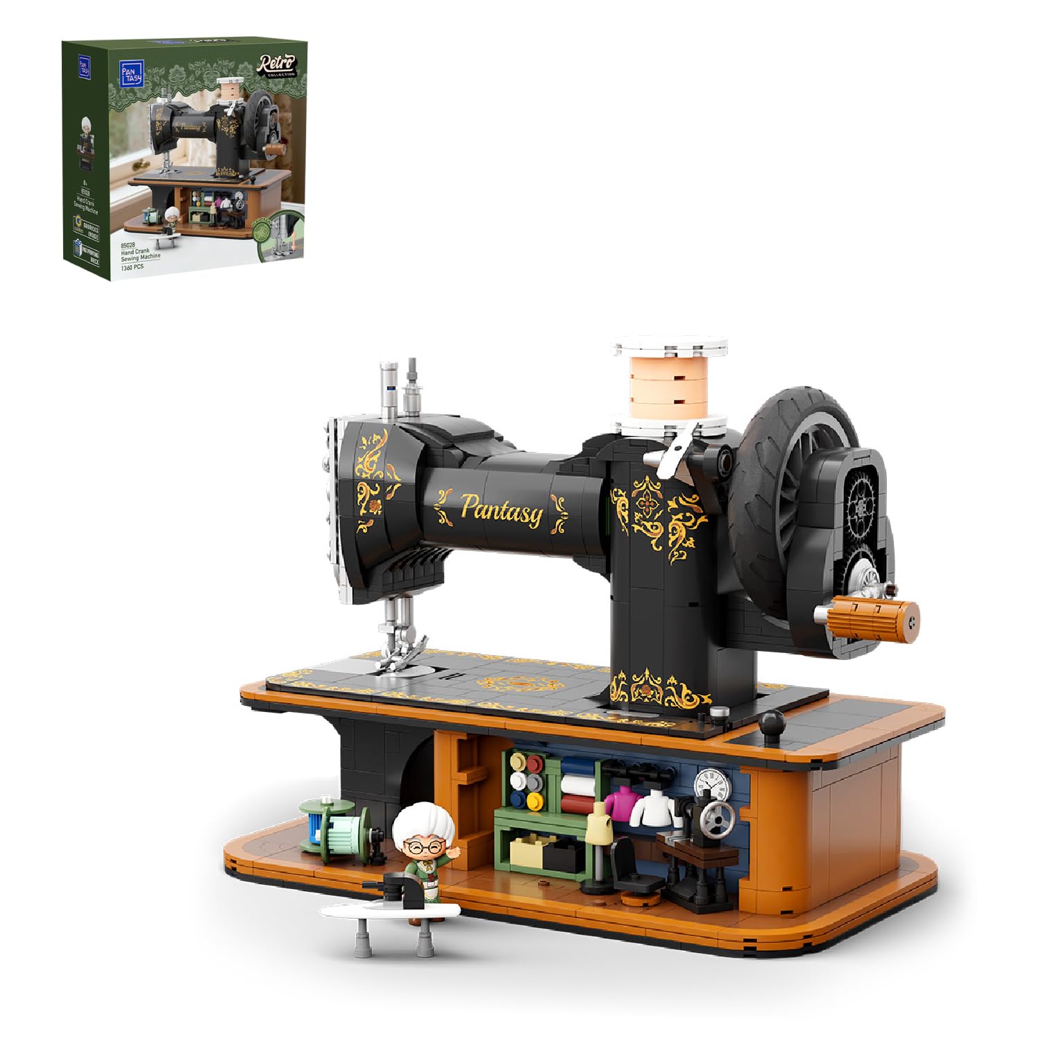 PANTASY Vintage Sewing Machine Building Set, Retro Hand Crank Brick Model with Working Gear Mechanism & Hidden Mini Tailor Shop, Collectible Display for Adults
