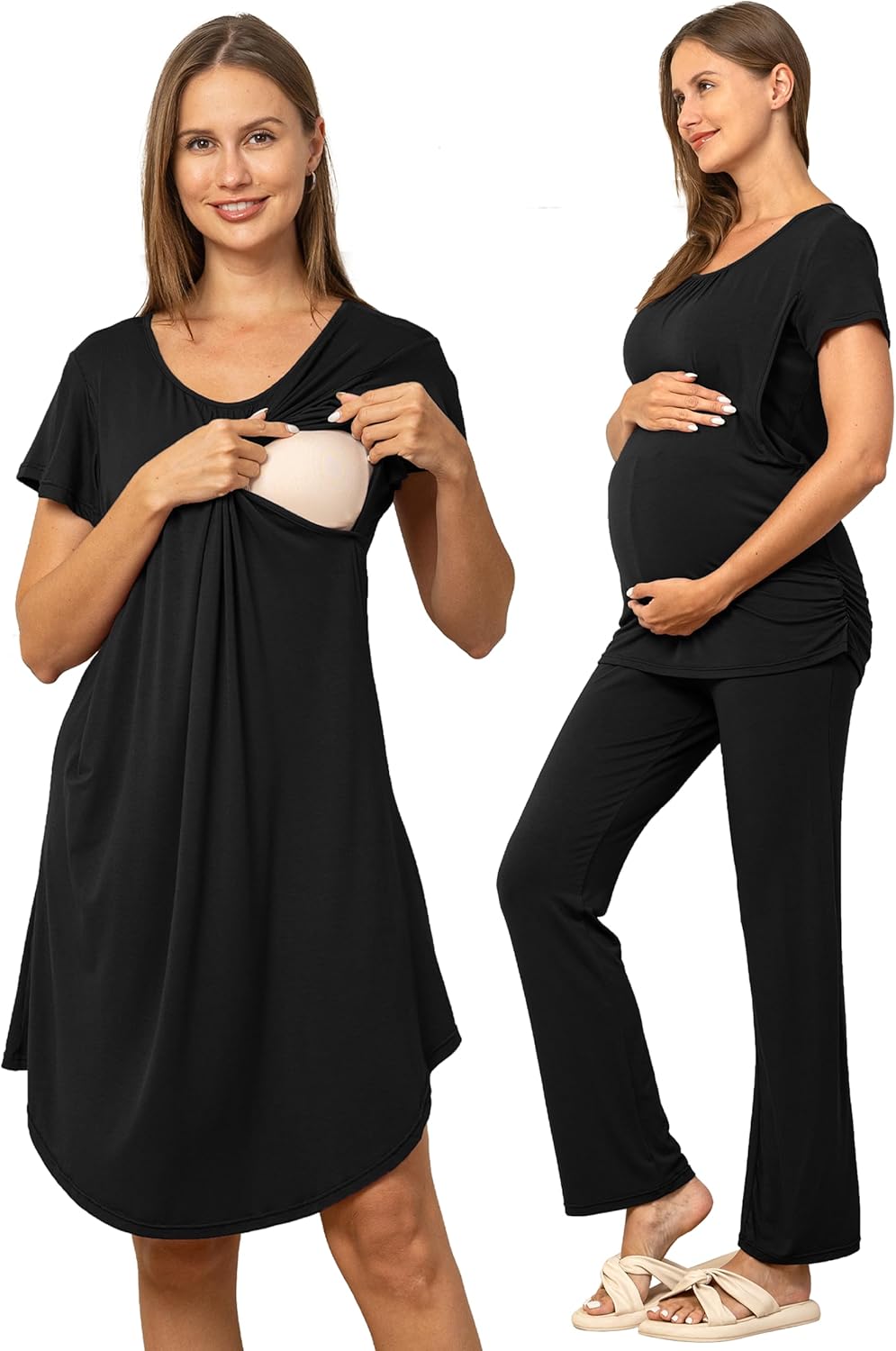 SUNNYBUY Women 3 PCS Maternity Nursing Nightgown Dress & Short Sleeve Breastfeeding Top & Pregnancy Pants Sleepwear Set