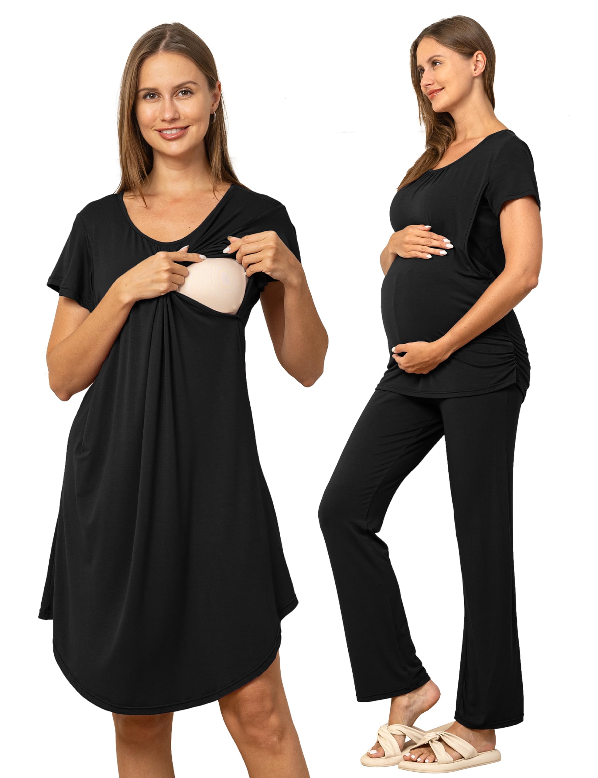 SUNNYBUY Damen Stillnachthemd, Kleid und kurzärmeliges Still-Top und Schwangerschaftshose, 3-teiliges Set