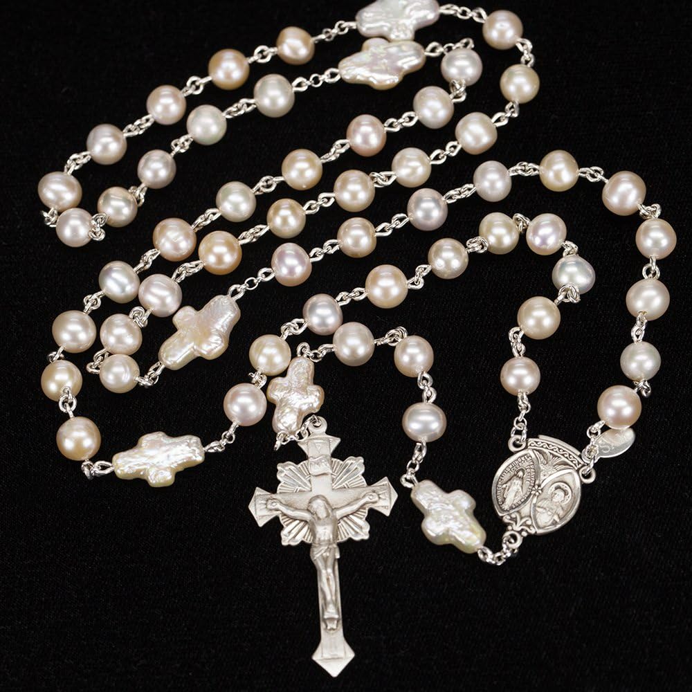 Cross Shaped Pearl Woman's Rosary - Handmade with Cream Freshwater Pearls, Sterling Silver and Ornate Crucifix. Rosaries for Catholic Women