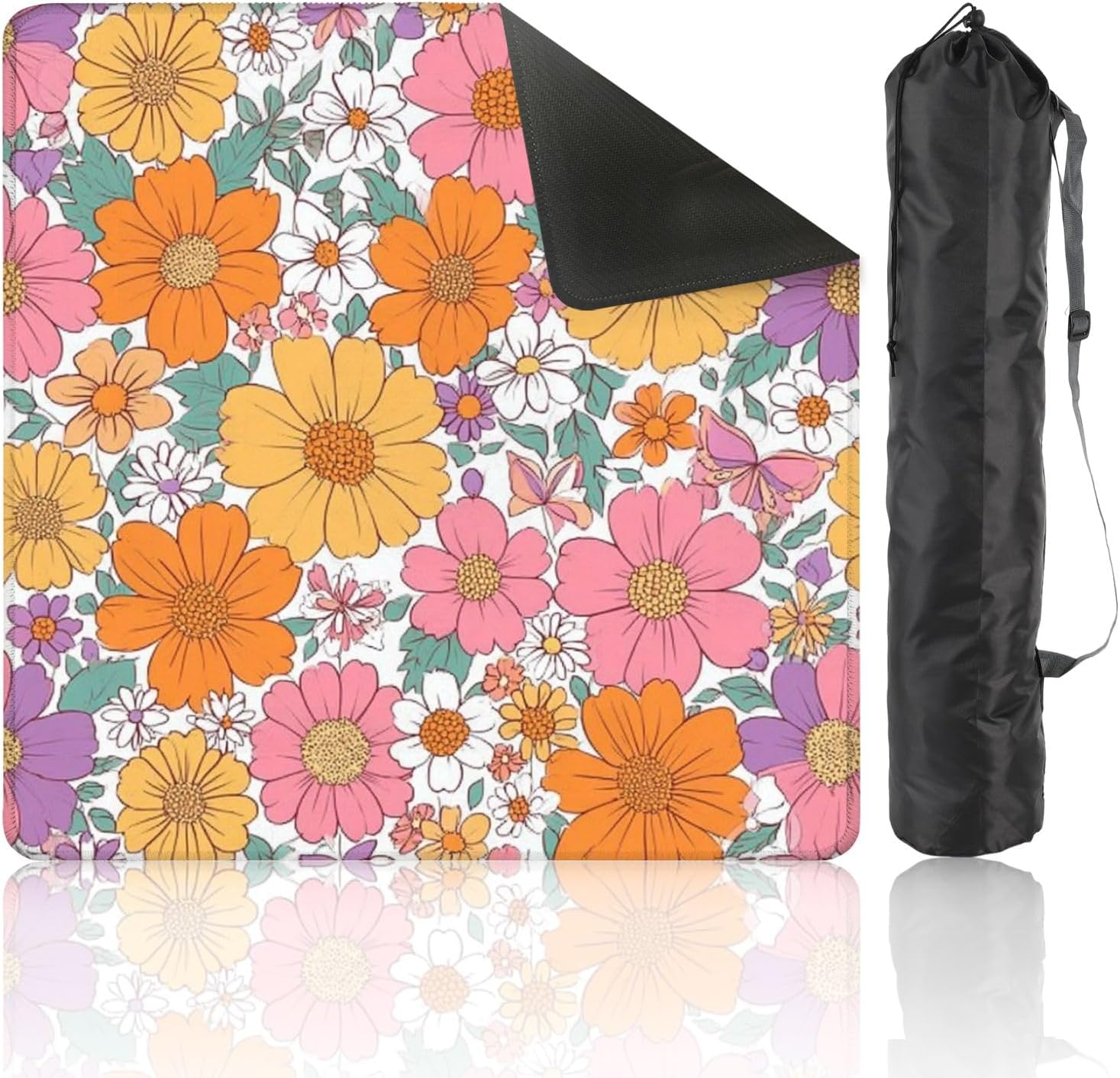 Mahjong Mat 31.5" x 31.5" Colorful 60s 70s Style Retro Hand Drawn Floral Pink Orange Flowers Non-Slip Noise Reduction Mahjong Tiles Table Cover for Dominoes Poker Card Board and Tile Games