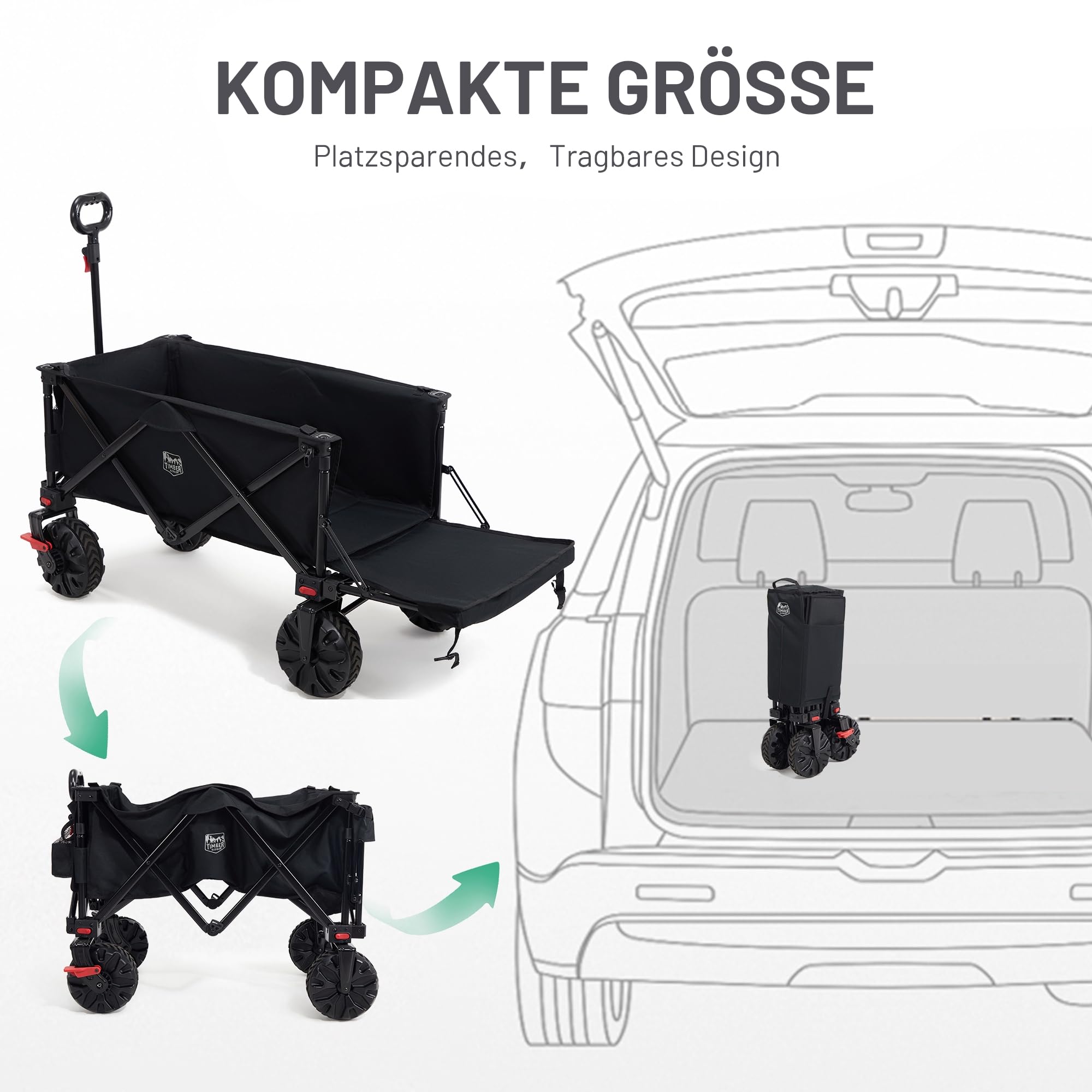 TIMBER RIDGE XXXL Bollerwagen Faltbare 300L Extra Langer mit Faltbarer Heckklappe Handwagen mit Seitentasche Getränkehalter verstellbarem Griff, Gartenwagen Transportwagen für Alle Gelände