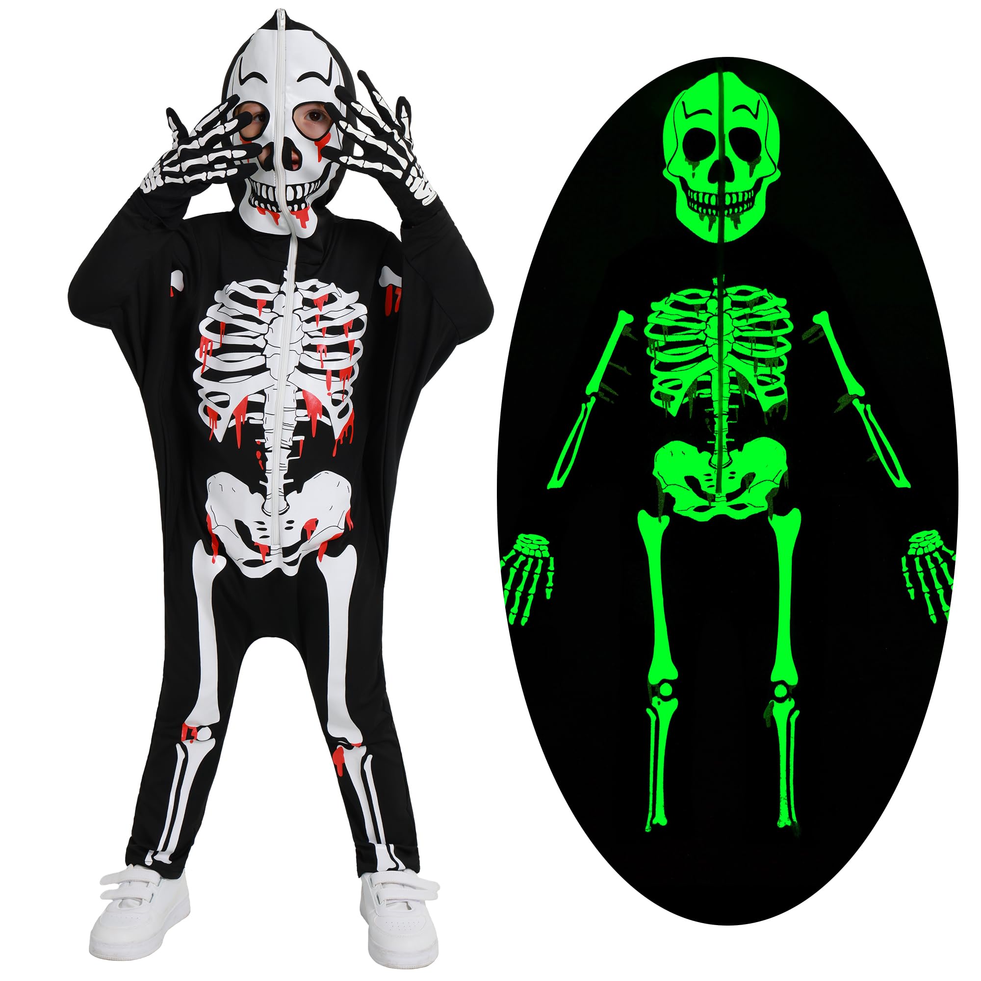 Miyanuby Kids Halloween Skeleton Fancy Dress Toddler Glow in The Dark Luminous Costume Skull Bone Bat Jumpsuit Boys Girls Scary Cosplay Bodysuit with Gloves for 3-10T