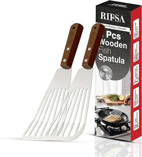 Miniatura 11 de Paquete de 2 espátulas de silicona, espátulas ranuradas antiadherentes con mango de madera, juego de utensilios de cocina de madera ideal para 2