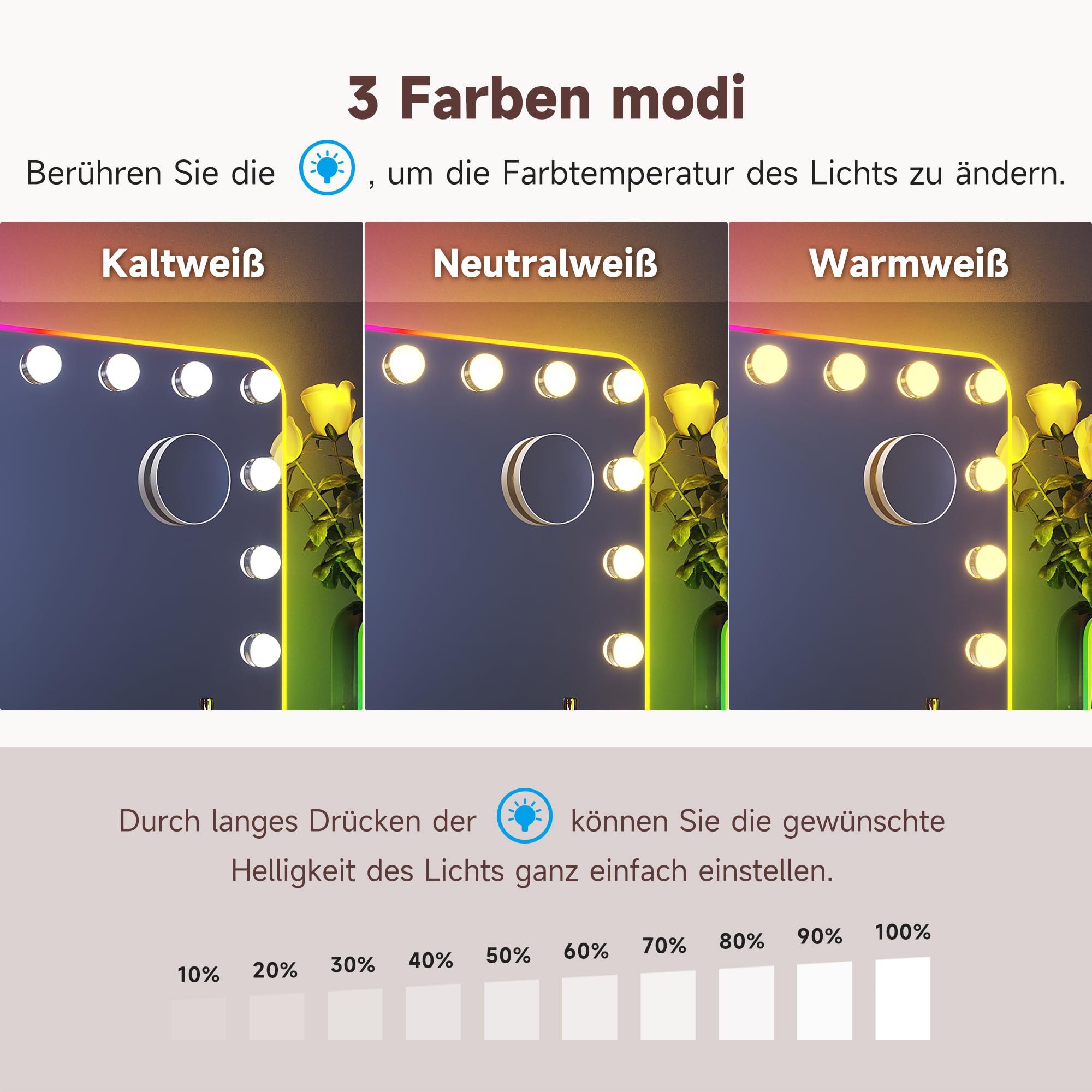 58x43cm Hollywood Spiegel mit RGB Beleuchtung Schminkspiegel mit 3 Farbtemperatur Licht und 10X Abnehmbare Lupe, Bluetooth, Wandmontiert oder Freistehend