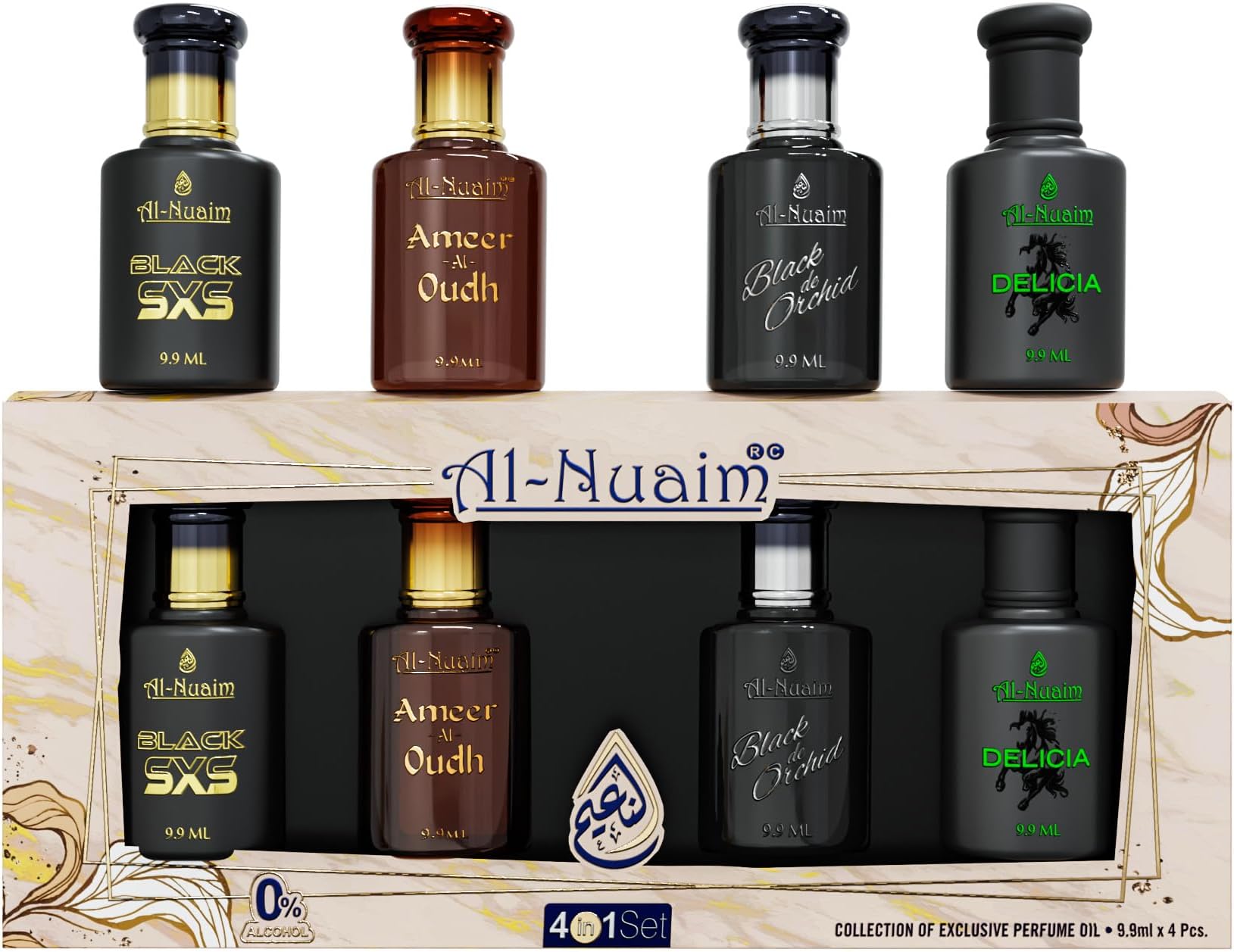 Al-Nuaim 4 In 1 Attar Gift Set - 9.9ml Each | Alcohol Free Attar | Captivating & Long Lasting Fragrance