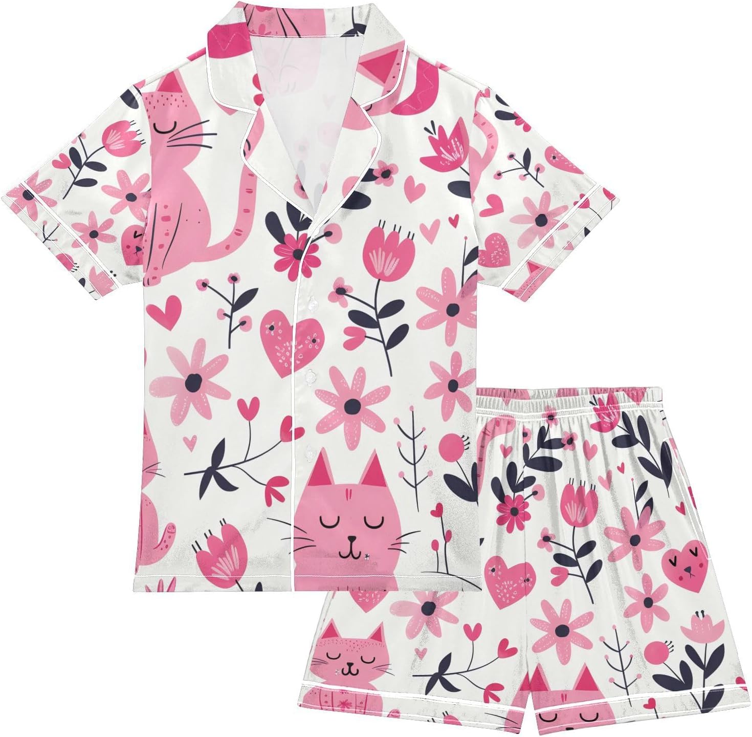 Little Boys Pajama Pant Set Snug-Fit Short Sleeve Pj Set for Big Girls Loungewear 5-6Y Cat Safari Peach Color