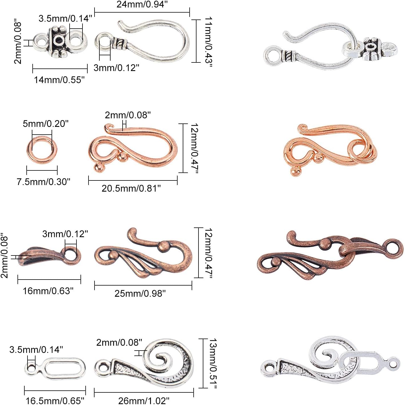 PH PandaHall 120 Sets S Hook Ring Toggle Clasps 15 Styles Tibetan Style Hook and Eye Clasps Toggle Cord Rope End Clasp Connector Beads for Necklace Bracelet Jewelry Making - Image 3